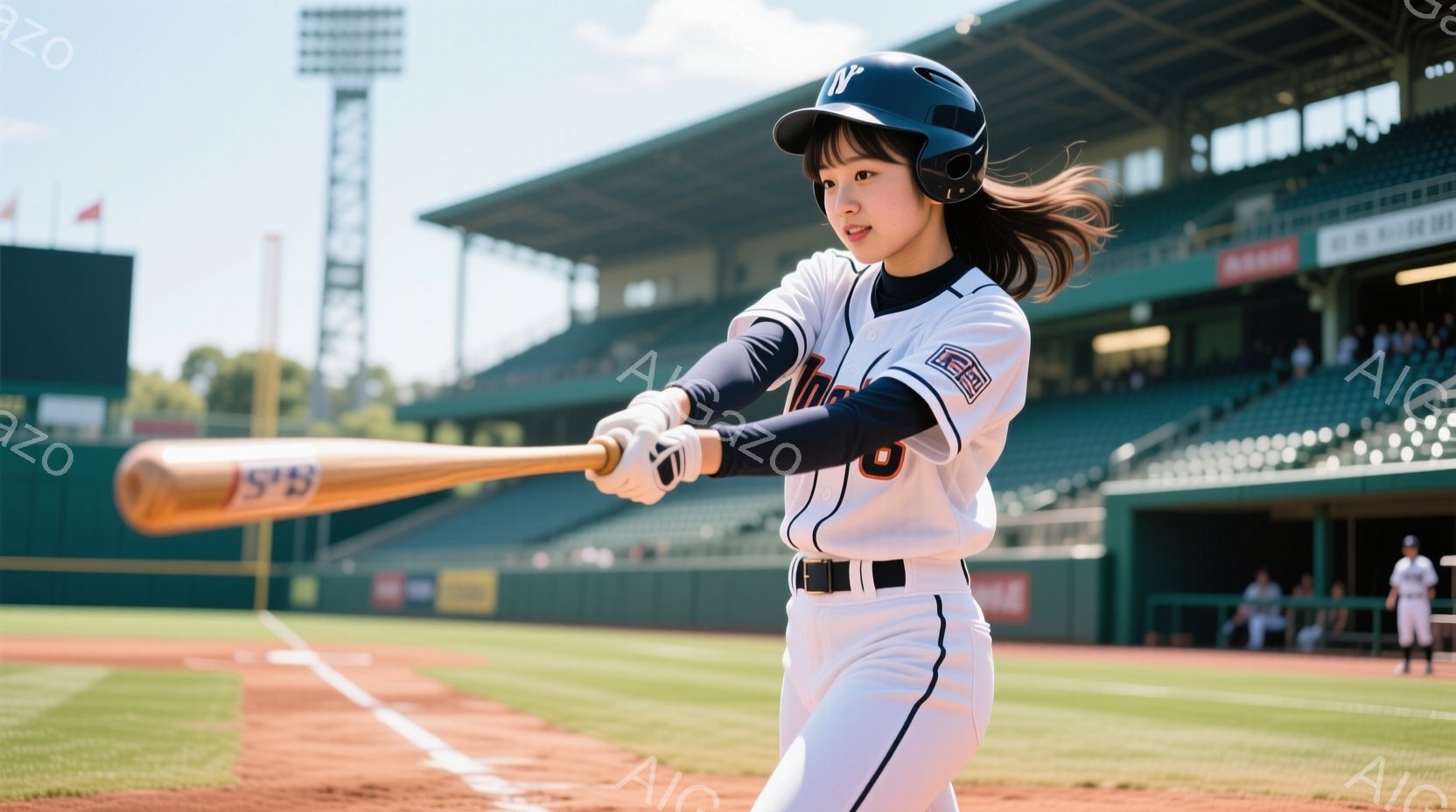 野球場でバッターボックスに立つ女性が写っています。白を基調としたユニフォームに、黒のベルトとスパイクを身につけ、キャッ帽を被っています。彼女はバットを構え、力強いスイングの準備をしているように見え、表 - AI生成フリー素材