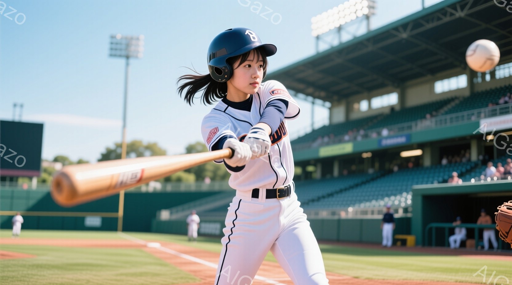 野球場でバッターボックスに立つ女性の姿が写っている。彼女は紺色のキャップと白のユニフォーム姿で、バットを構えてボールを打とうとしている。背景には観客席が見え、晴天の下、明るい雰囲気の野球場であることが - AI生成フリー素材