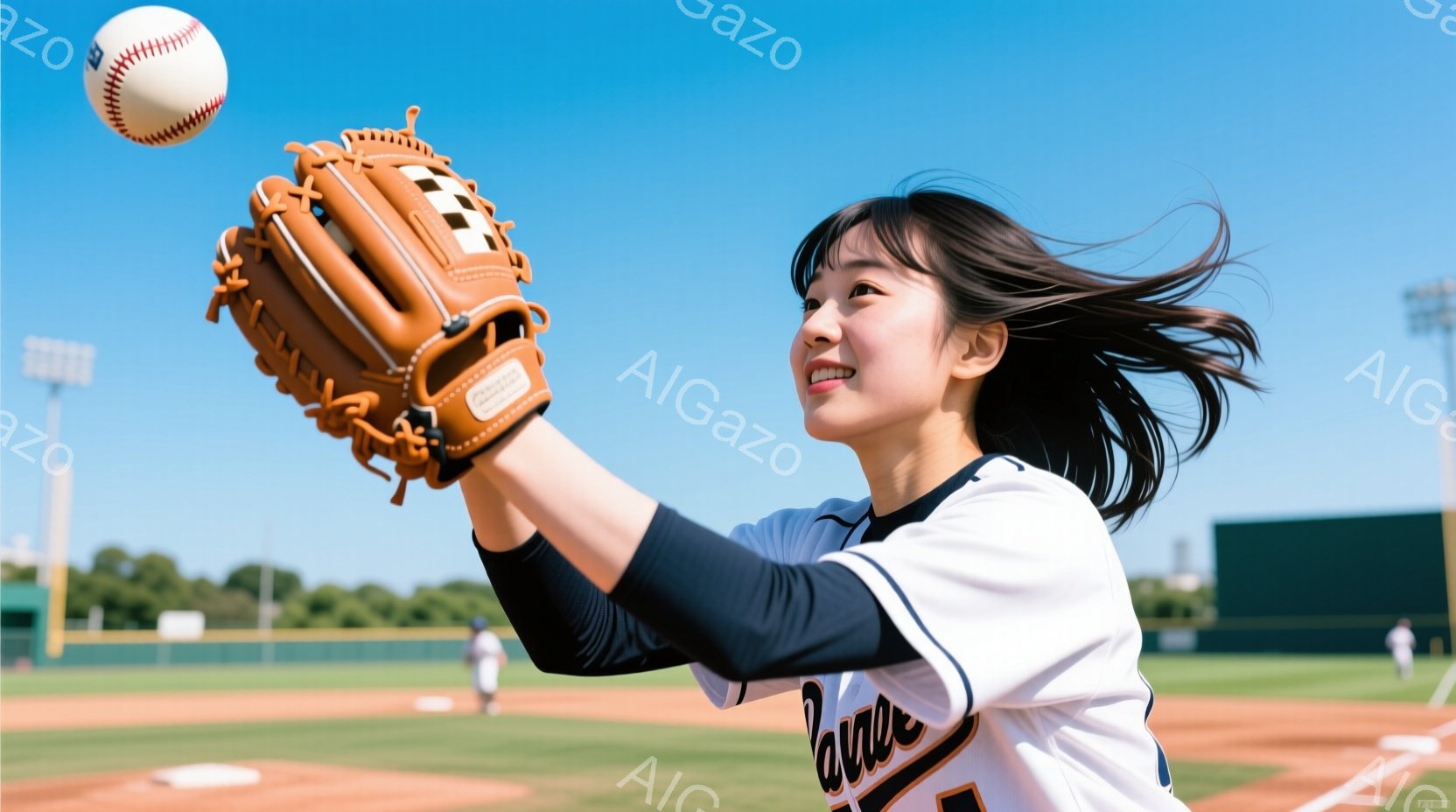 濃い茶色の髪を後ろで一つに結んだ女性が、野球のボールをキャッチしようとグローブを高く上げています。彼女は白い野球ユニフォームを着ており、顔には明るい笑顔が浮かんでいます。背景には緑の野球場と青空が広がり、晴れた日の活気ある雰囲気が伝わってきます。