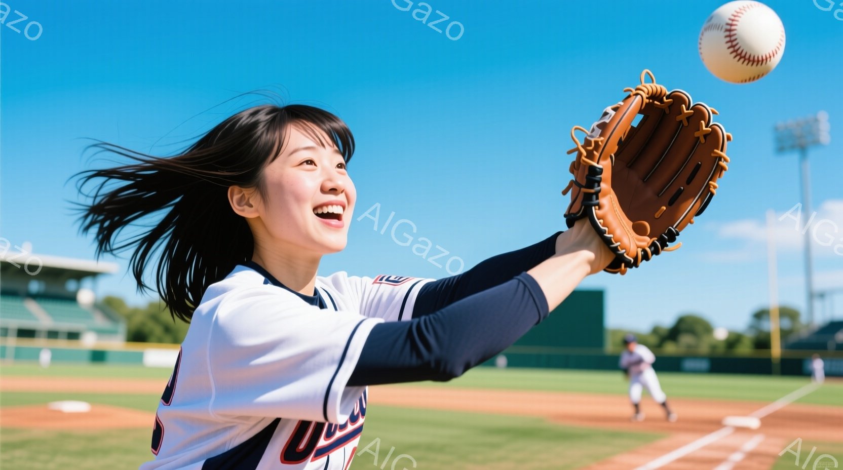 白い野球ユニフォームを着た女性が、野球のボールをキャッチしようとグローブを高く上げた瞬間を捉えた写真です。彼女は笑顔で、髪が風になびき、ダイナミックな動きが表現されています。背景には野球場全体が広がり - AI生成フリー素材