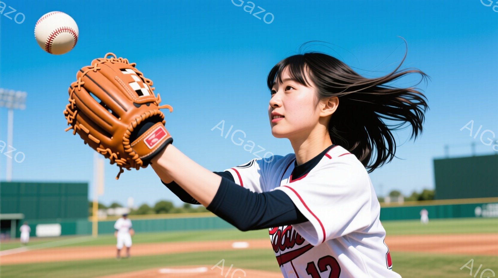 長い黒髪を風になびかせながら、野球のグローブを高く掲げ、ボールをキャッチしようとしている女性が写っています。彼女は白を基調としたユニフォームを着ており、背景には緑の芝生と青い空が広がっています。晴天の下、活気ある野球場の雰囲気が感じられます。