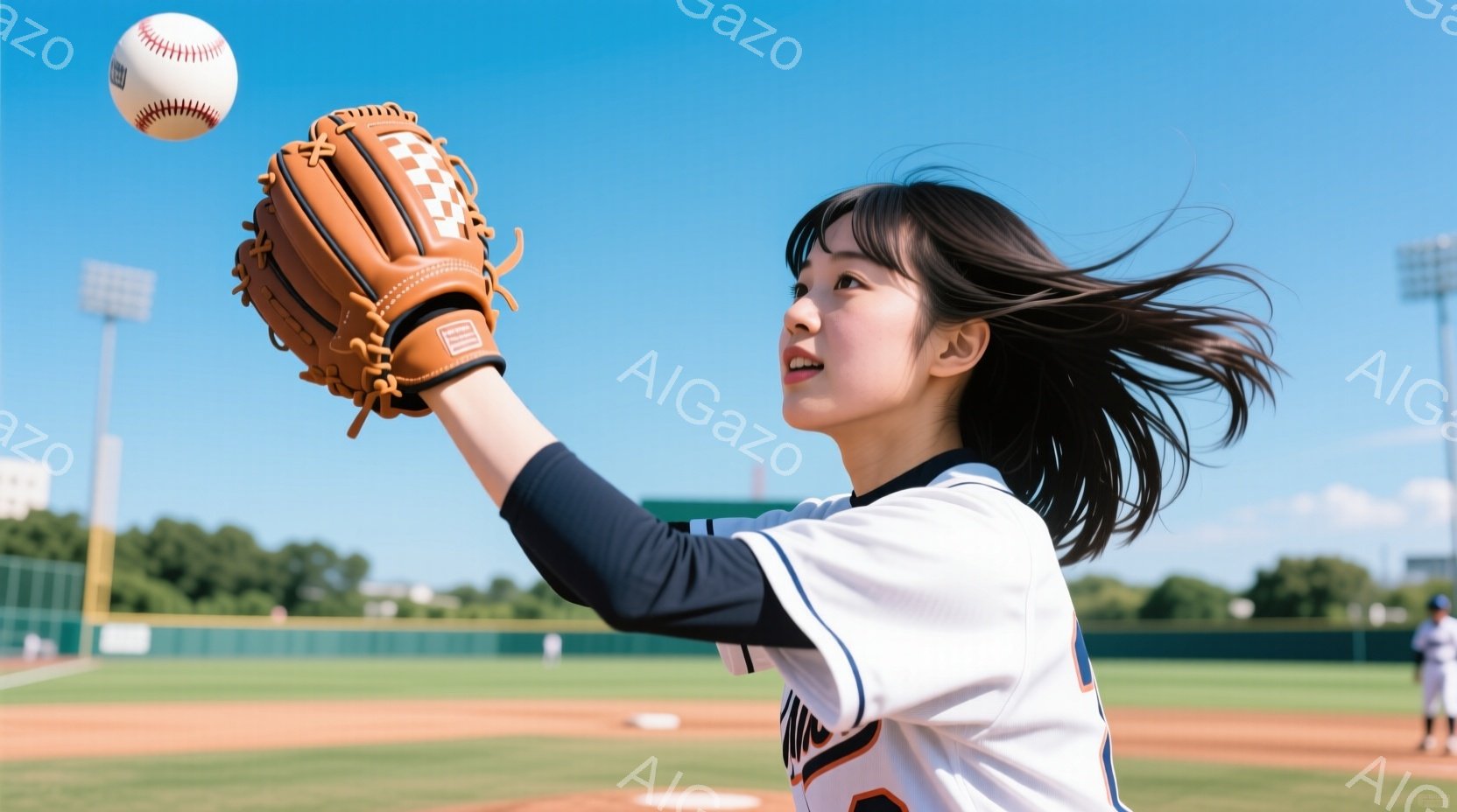 野球場に立つ若い女性が写っています。彼女は紺色の長袖シャツとオレンジの縁取りのある白い野球ユニフォームを着ており、黒髪を風になびかせながら、グローブを高く上げて野球のボールをキャッチしようとしています。背景には緑の木々と青い空、そして遠くに建物が見え、晴れた日の活気ある野球の雰囲気を醸し出しています。