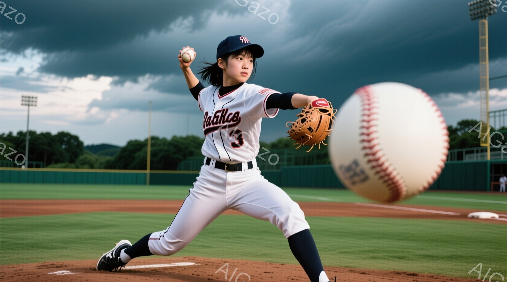 ソフトボール選手と思われる女性が、ピッチングの動作中です。白いユニフォームに赤い文字と背番号「3」が入り、黒いバイザーを被り、髪をポニーテールにしています。背景には緑の野球場、遠くの山々、そして曇り空が広がっており、活気のある試合の瞬間を捉えた様子です。