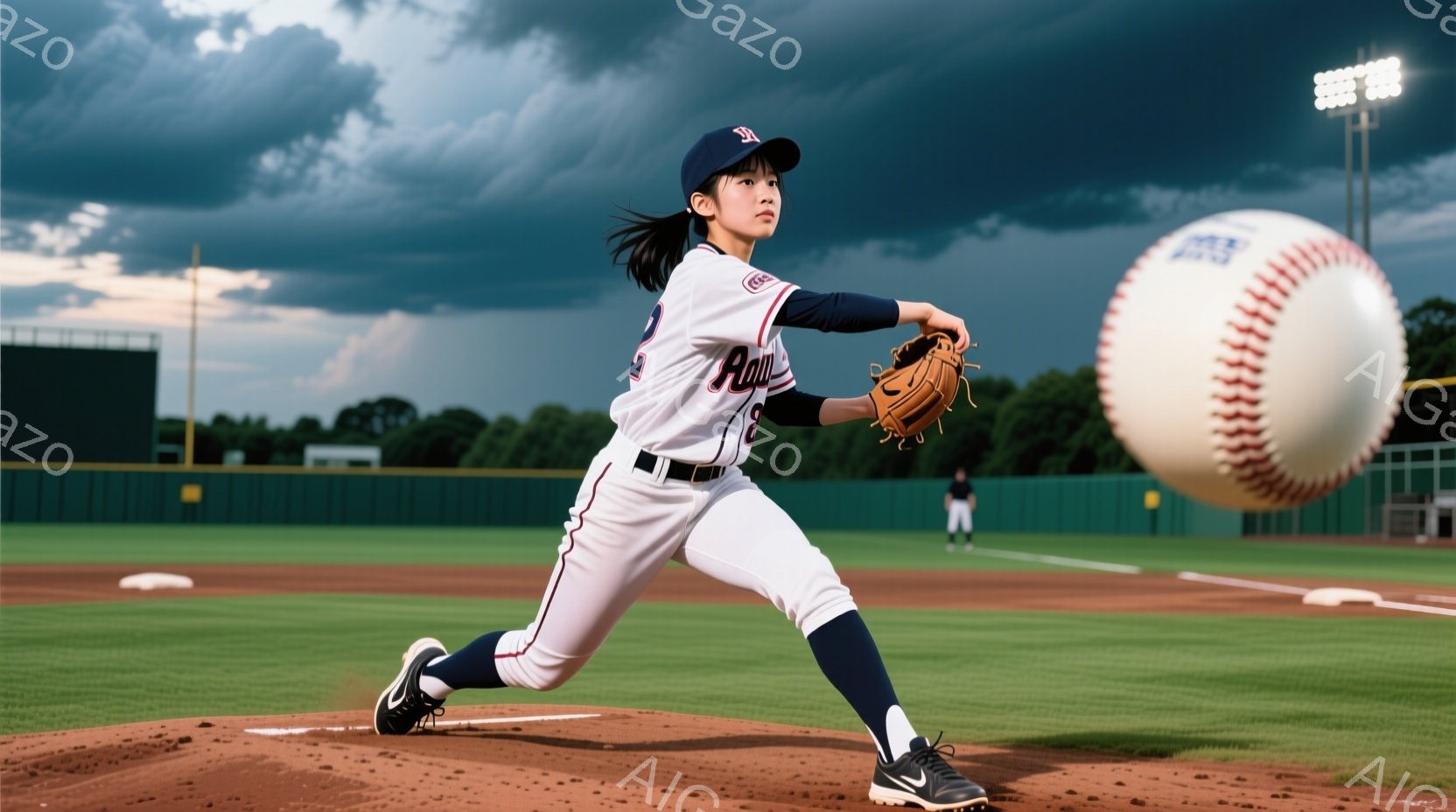 野球場で投球動作をしている女性が写っている。紺色のキャップと白とネイビーのストライプのユニフォーム、黒のスパイクを着用し、髪はポニーテールにしている。背景には緑の芝生、フェンス、そして曇り空が広がり、試合の緊張感と活気を感じさせる。