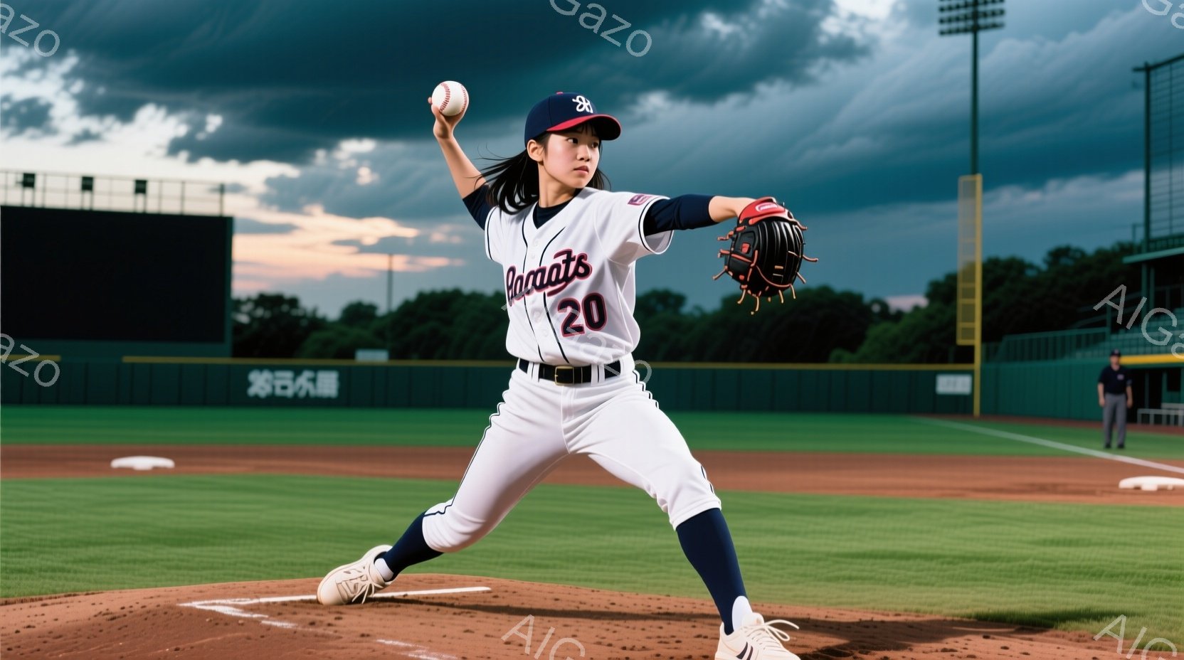 野球選手が投球動作をとっている写真です。白いユニフォームに紺色のパンツを着用し、帽子をかぶり、髪は後ろでポニーテールに結んでいます。背景には緑の芝生、観客席、木々が見え、空は曇り空で少し暗い雰囲気です。