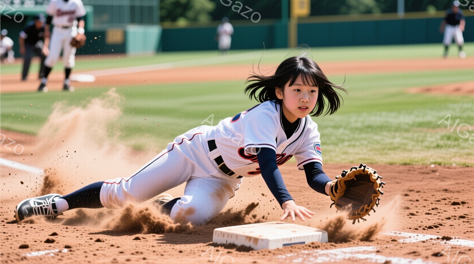 少女が野球のベースにスライドして入る瞬間を捉えた写真です。彼女は白い野球ユニフォームに黒いアームカバーを着ており、長い黒髪が風になびいています。土埃が舞い上がり、集中した表情でベースに手を伸ばしていま - AI生成フリー素材