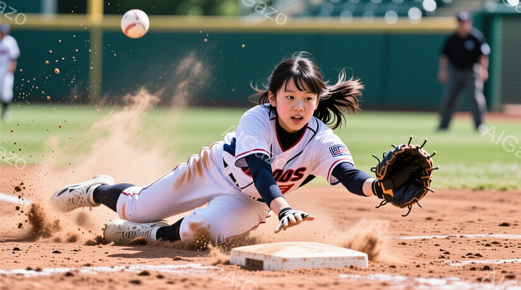 野球の塁にスライディングする若い女性選手を描いています。彼女は白いユニフォームに、黒いヘルメットと手袋を着用し、髪はポニーテールに結ばれています。土埃が舞い上がり、競技の激しさを表現しており、背景には - AI生成フリー素材