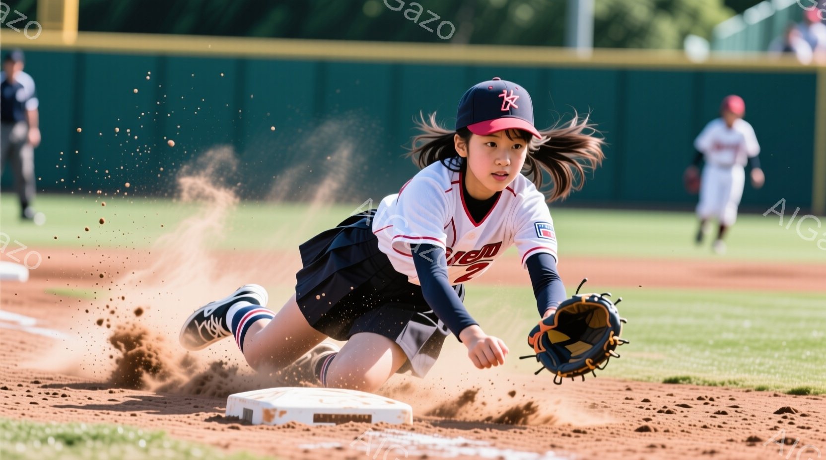 少女は野球のベースにスライドしている途中で、土埃が舞い上がっている。赤い帽子と黒い袖、そして「2」と書かれた白いユニフォームを着ており、髪は後ろで三つ編みにされている。背景には緑の芝生と遠くの建物が見 - AI生成フリー素材