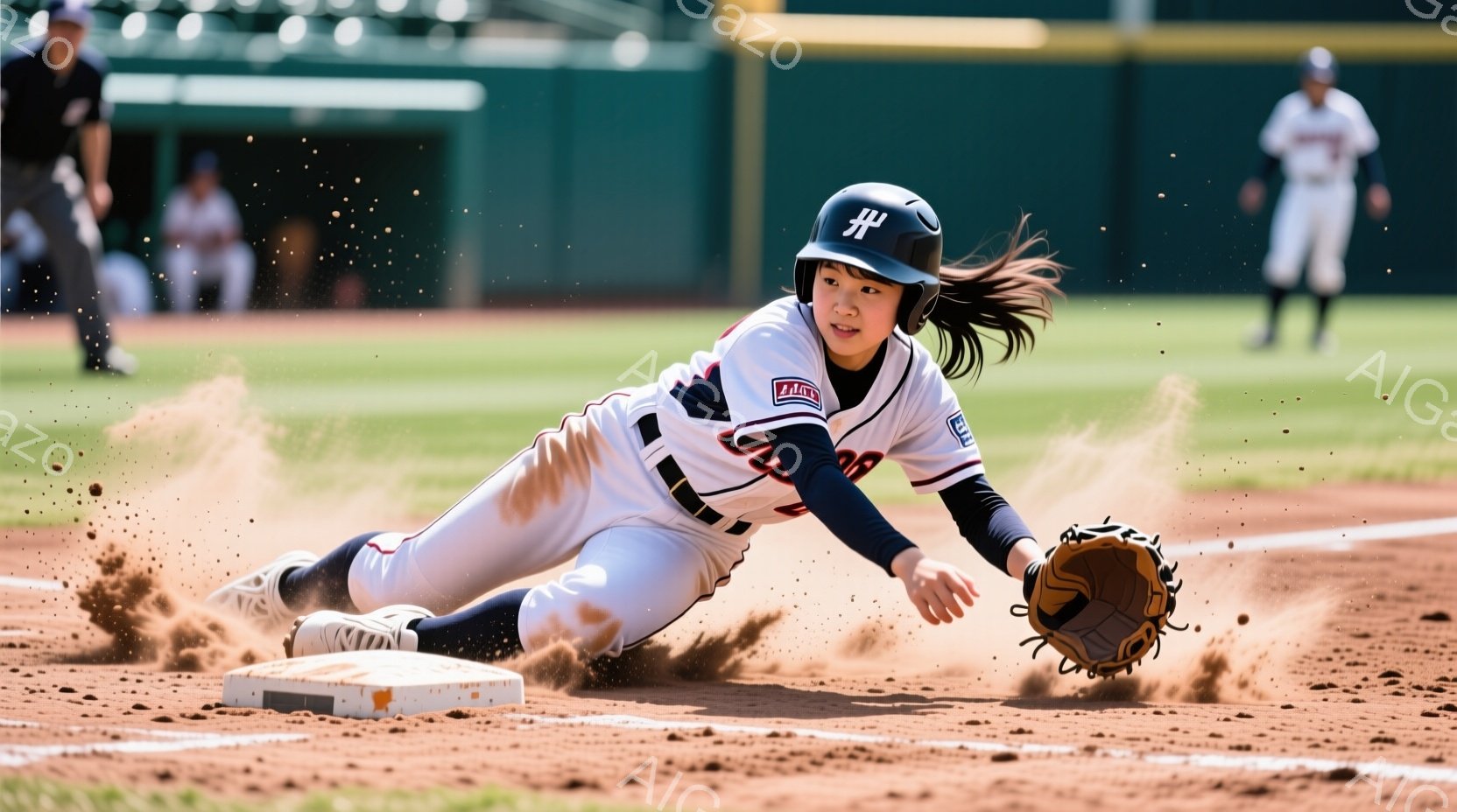 野球場でスライディングしている女性選手が写っています。彼女は白いユニフォームに黒いヘルメットを被り、長い髪を後ろで束ねています。土煙が舞い上がり、土製のベースに体が滑り込む様子から、激しいプレーが行われていることが分かります。