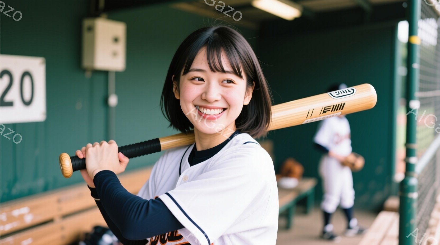 彼女は野球のユニフォームを着て、野球バットを肩に担ぎ、満面の笑顔を浮かべている。背景には控えめなベンチと、ぼやけた他の野球選手たちがおり、彼女が試合前か試合中にいることを示唆している。全体的に、明るく活気のある、スポーツの精神を感じさせる雰囲気である。