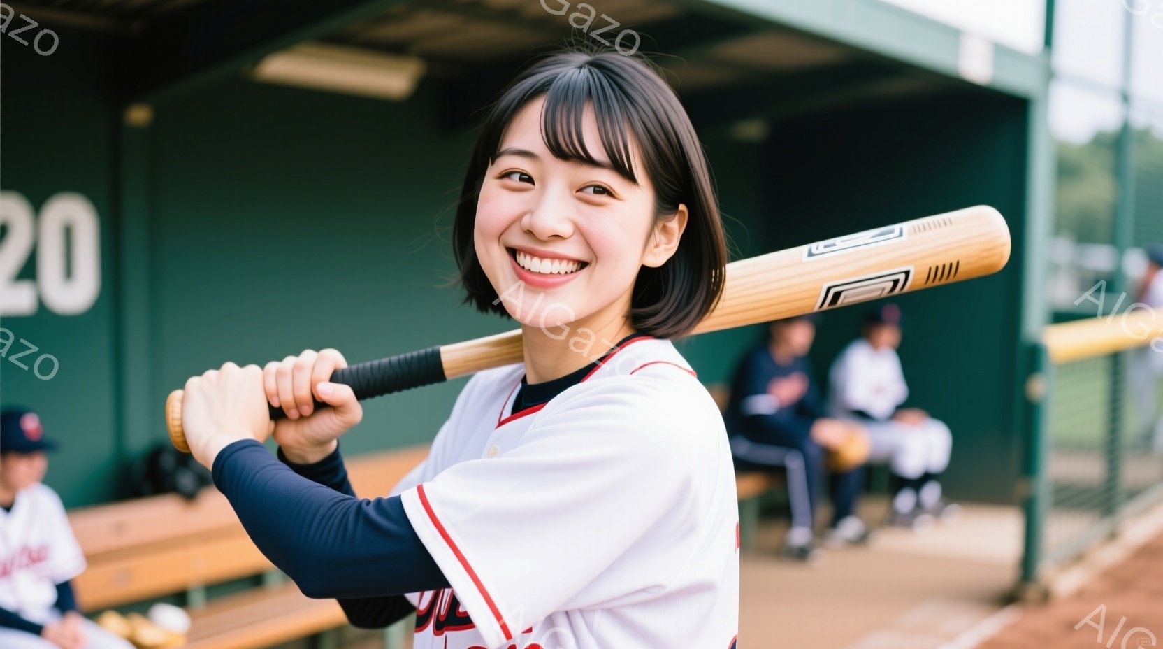 笑顔の女性が野球のバットを肩に担ぎ、野球服を着て立っています。彼女は短い黒髪で、明るい表情をしています。背景には野球のベンチと、ぼやけた他の選手たちが写っており、天候は晴れで、明るい雰囲気です。
