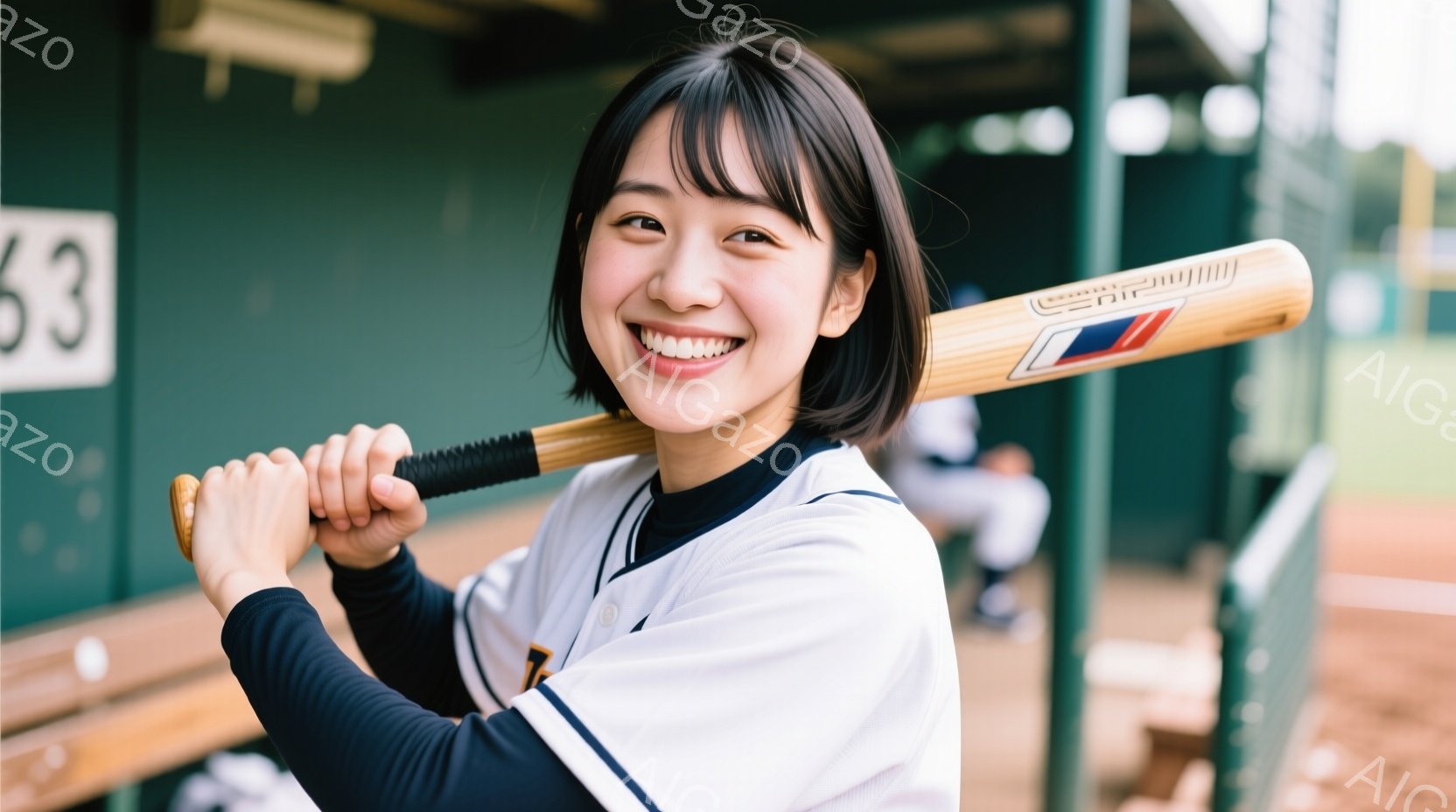 画像には野球のユニフォームを着た若い女性が写っており、満面の笑みを浮かべてバットを肩に担いでいます。彼女は黒いショートヘアで、明るい表情が印象的です。背景には野球場の緑色のフェンスと控え室、そしてぼやけた他の選手が見えます。