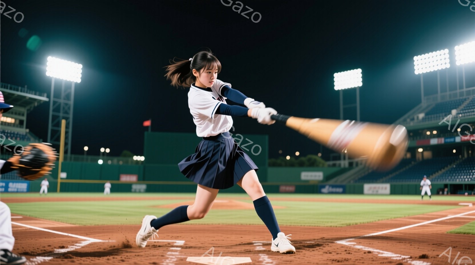 夜間のソフトボールゲームを表しています。中央には、ソフトボールプレイヤーが構えたスティックを持って、力強く打撃のポジションにあります。彼女は黒髪で、短い髪型であり、表情は集中しているようです。彼女は日本のソフトボールチームのユニフォームを着ており、胸にエンブレムがついています。