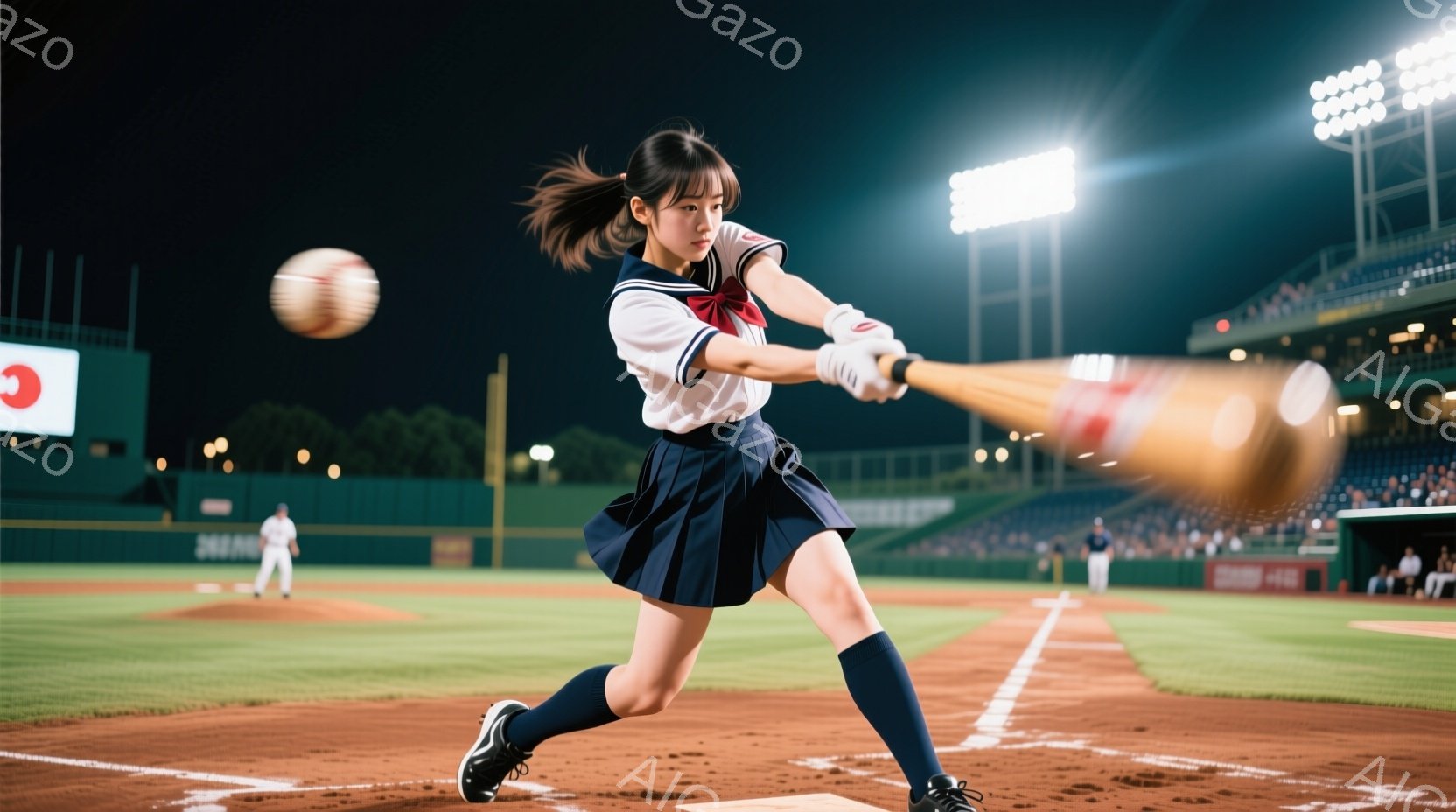 画像は野球場でバッターボックスに立つ女子高生を描いています。彼女はセーラー服を着用し、長い髪をポニーテールにしています。彼女はバットを振りかぶり、ボールを打とうとしている様子で、真剣な表情を浮かべています。