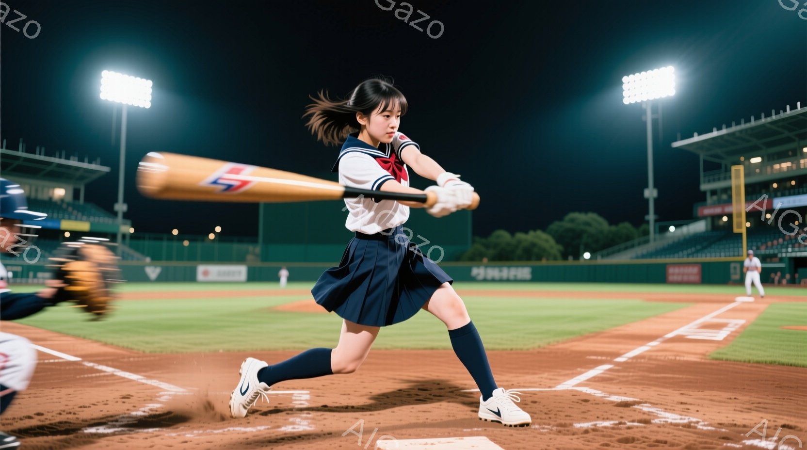 野球のバッターボックスに立つ女子高生が写っている。彼女はセーラー服を着て、髪をポニーテールにしている。バットを振りかぶり、力強いスイングをしている様子で、背景には夜間の野球場と観客席が見える。