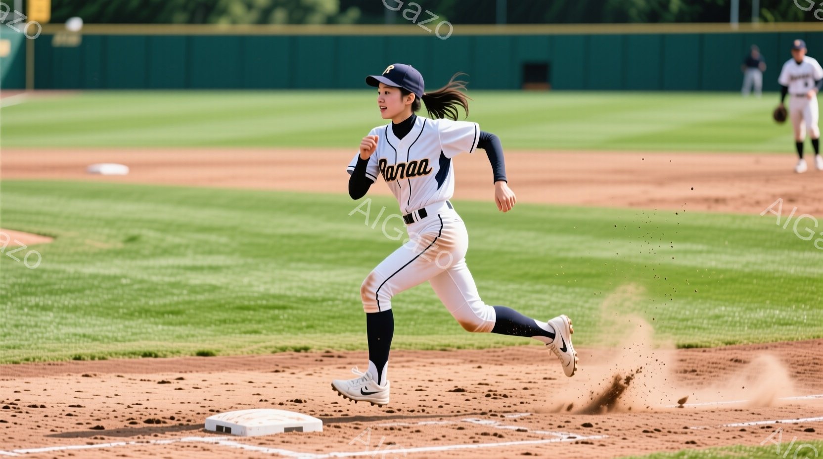 野球場で、紺色のユニフォームと白いズボンを着用した女性が、ベースに向かって全力疾走している。彼女は髪をポニーテールにしており、集中した表情で、土埃を巻き上げながら力強く走っている。背景には緑の芝生とぼやけた観客席があり、晴天の下、活気のある試合の雰囲気が伝わってくる。