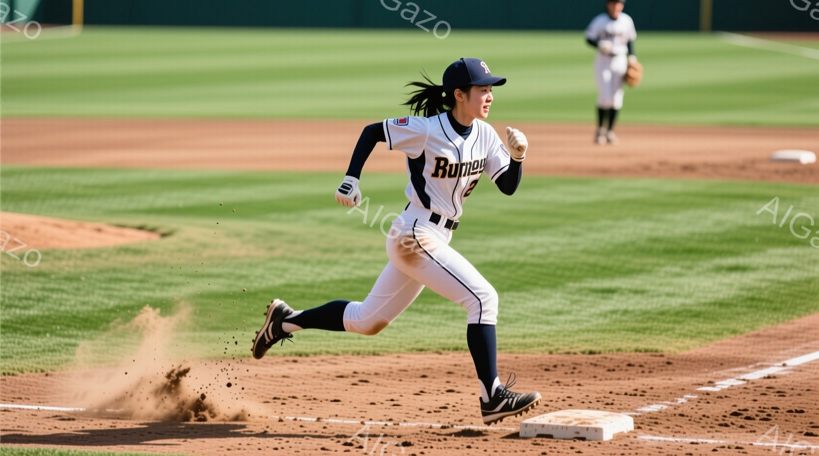 野球場で走る女性選手が写っている。彼女は紺色のユニフォームとキャップを着用し、髪はポニーテールに結ばれている。背景には緑の芝生と観客席が見え、晴天の下、活気のある試合が行われている様子が伝わる。