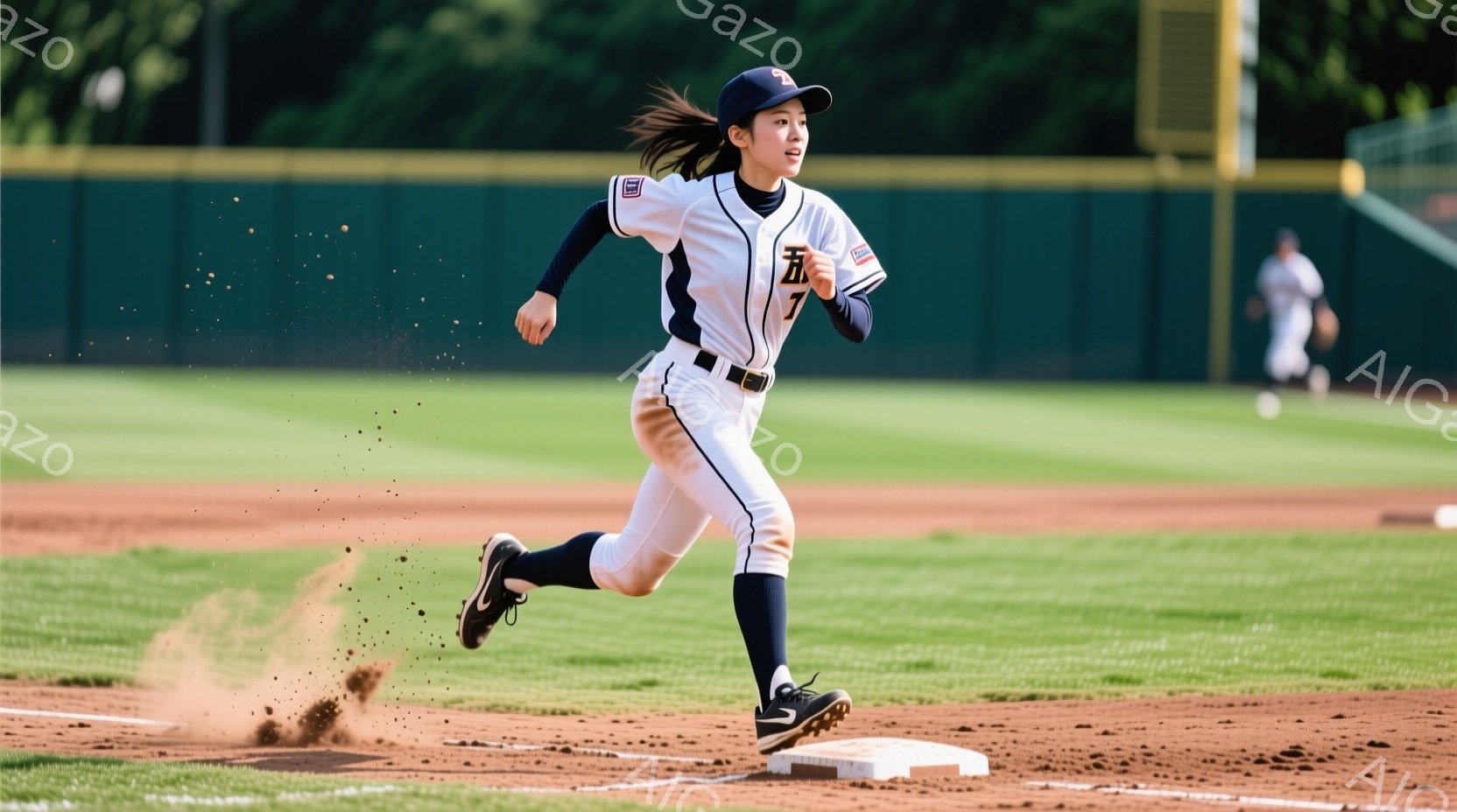 野球のベースを走る女性選手が写っています。彼女は紺色の帽子と白いユニフォーム、黒いスパイクを履き、髪をポニーテールにしています。背景には緑の芝生とフェンス、そして他の選手がぼんやりと見え、土埃が舞い上がっていることから、活発な試合の様子が伺えます。