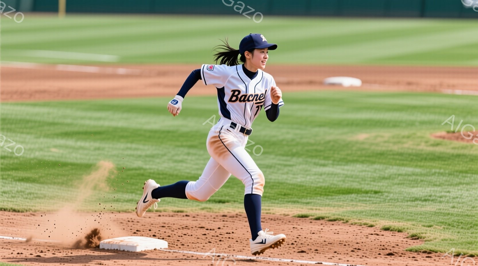野球場で走る女性選手が写っている。紺色のユニフォームにキャップを着用し、髪はポニーテールにしている。土埃が舞い上がり、彼女の足元と動きの速さを強調しており、全体的に活気ある雰囲気である。