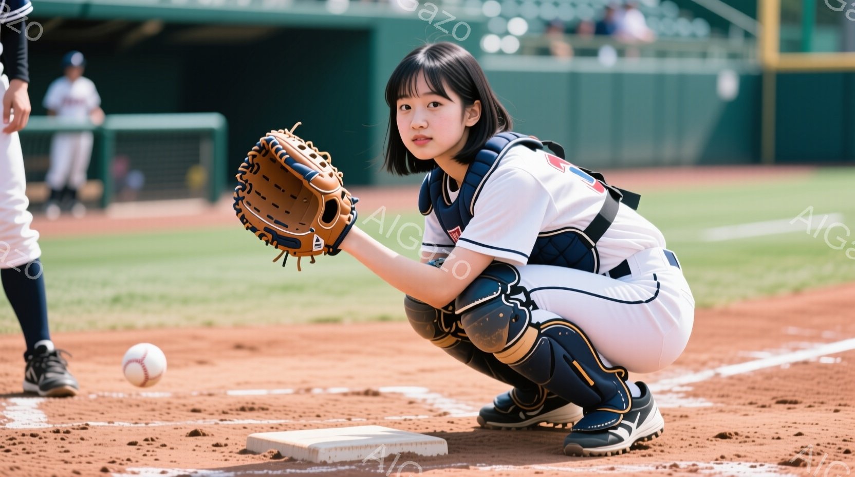 野球場の土の上に、キャッチャーの装備を身につけた少女がかがんで構えています。白いユニフォームに紺色のヘルメットとプロテクター、黒いヘアバンドが特徴的で、集中した表情でボールを待ち構えています。背景には緑の芝生とぼやけた観客席、そして晴天の空が広がっており、活気のある野球の試合の様子が伺えます。