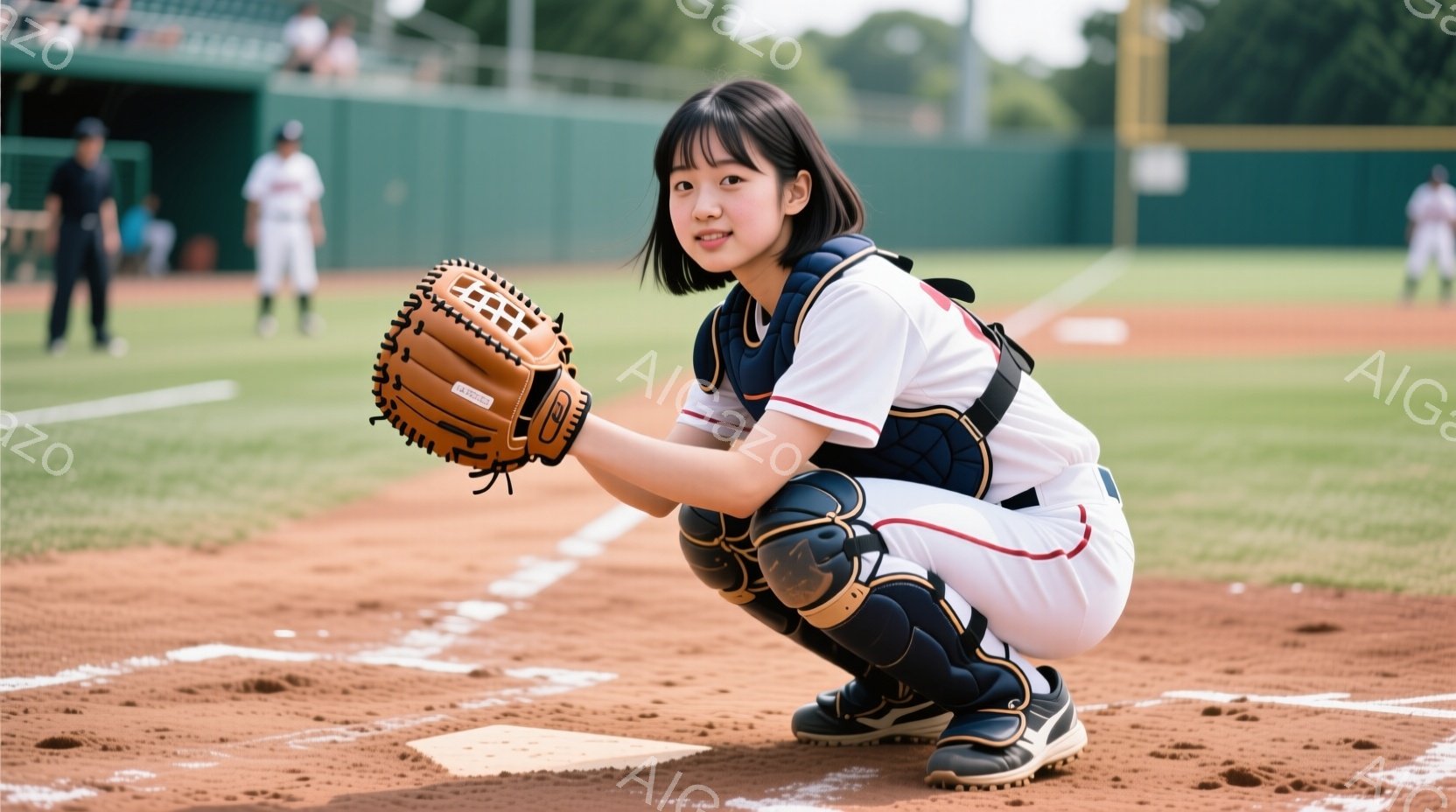 女子は野球のキャッチャーとして、膝をついて構えています。白を基調としたユニフォームにプロテクターを装着し、茶色のグローブでボールをキャッチする準備をしています。背景には野球場があり、緑豊かな自然と晴天 - AI生成フリー素材