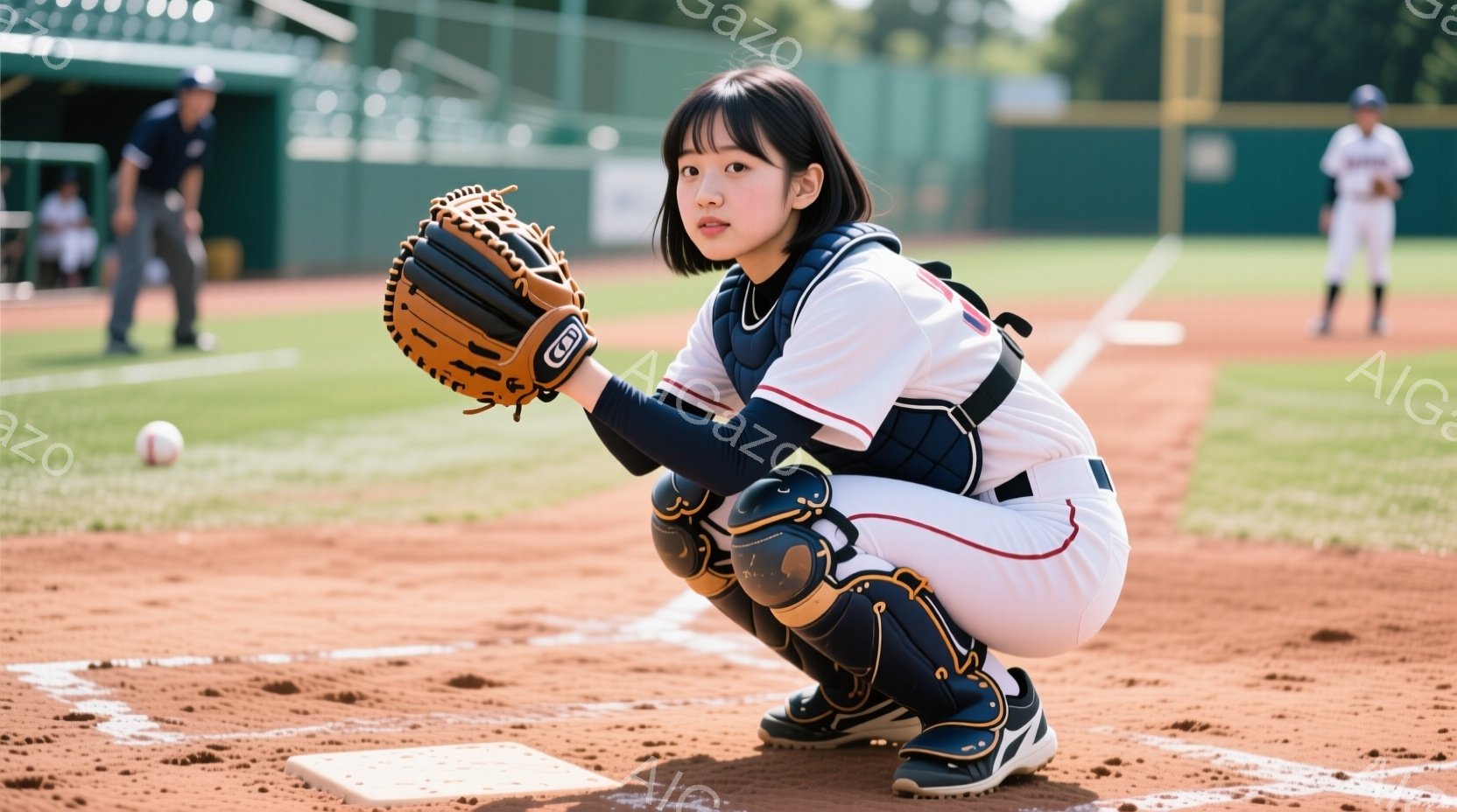 野球場でスクワット姿勢をとる女性が写っています。白いユニフォームに赤いライン、キャッチャー用のプロテクターを着用し、髪は肩までの長さで前髪を少し残したスタイルです。背景には野球場、緑の芝生、そして晴れた空が広がり、活気のある雰囲気です。