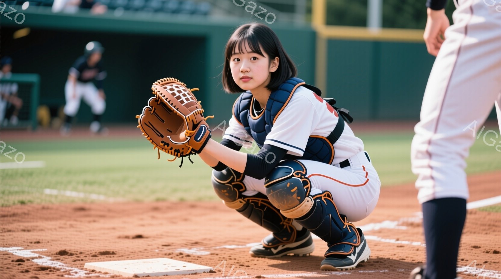 少女が野球用具を持ち、両手を合わせた状態で仕事に集中している様子が写っています。彼女は穏やかな表情で、背景には球場のスタンドが見えます。その雰囲気は少年野球大会のように明るく、楽しいものと思われます。
