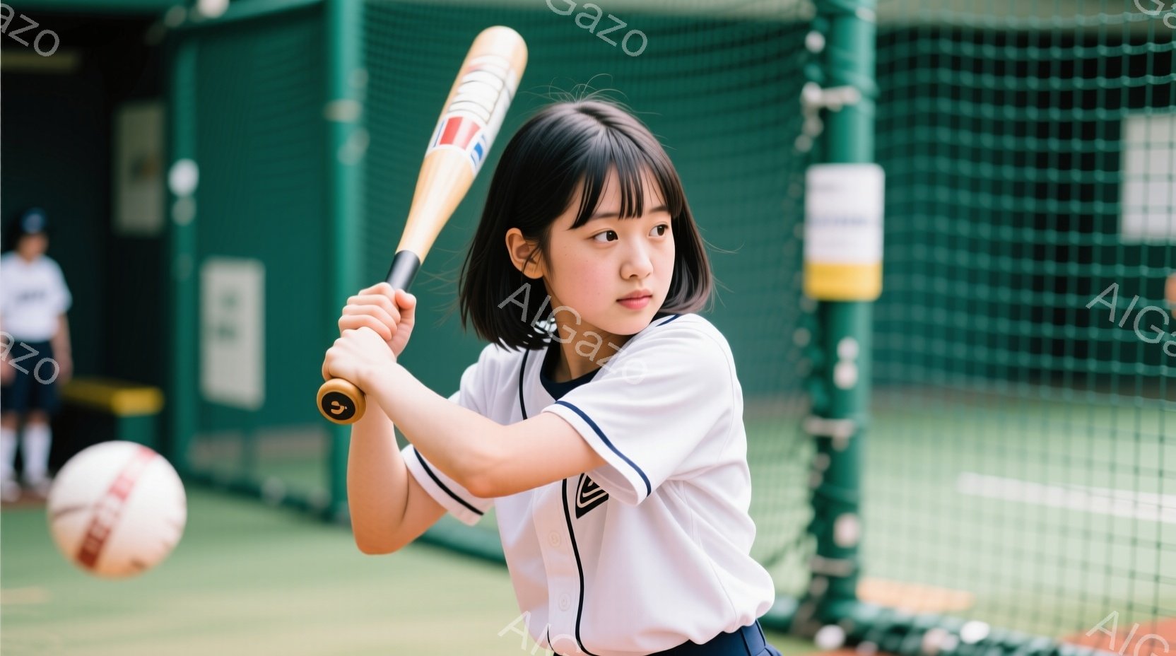 野球バットを構える若い女性が写っています。彼女は白い野球ユニフォームを着ており、前髪を流した黒髪が特徴的です。背景には緑色のネットと、ぼやけた他の選手が見え、練習風景であることがわかります。