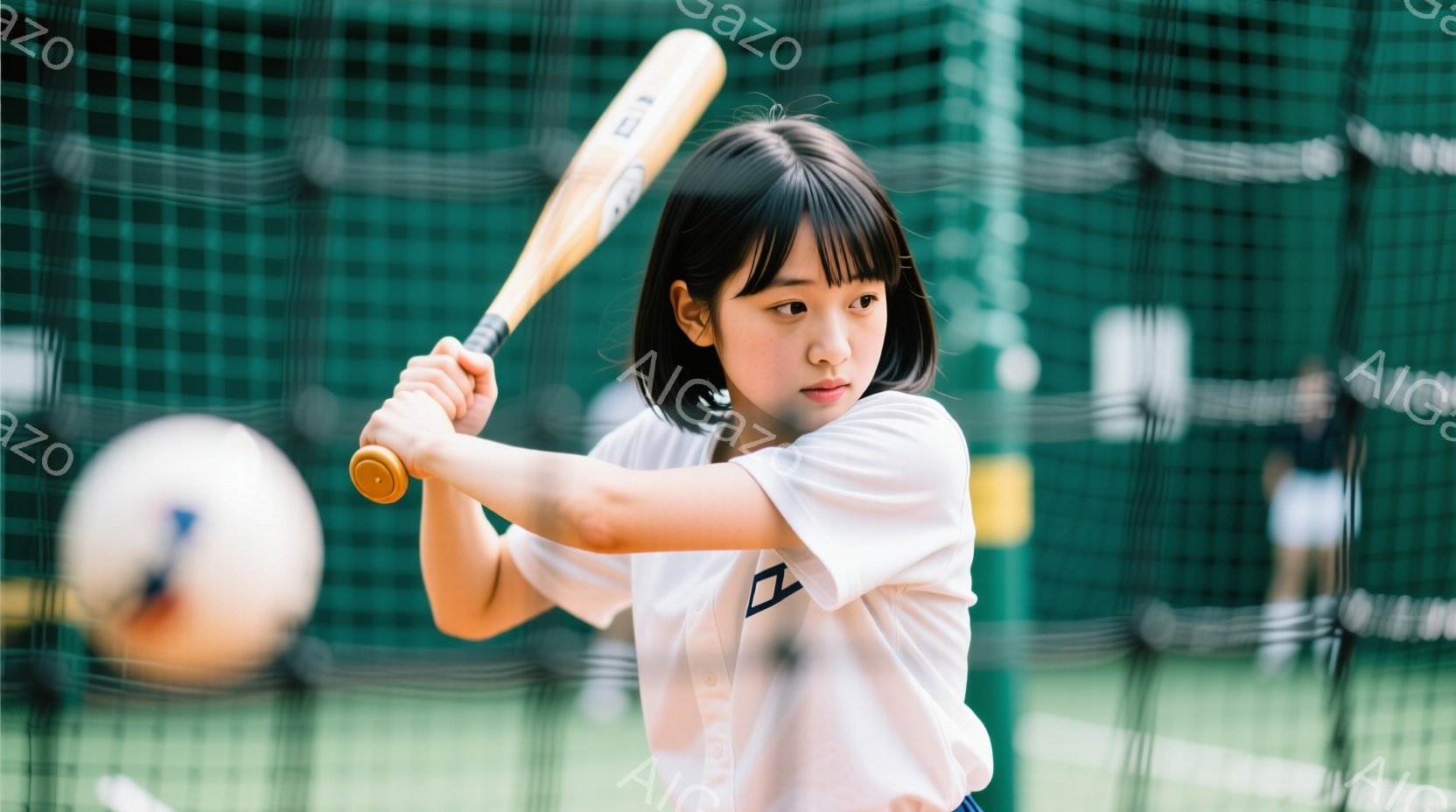 少女は野球のバッティング練習をしている様子で、白いTシャツと紺色のズボンを着用し、髪は肩まで届く長さで前髪を少しおろしている。彼女はバットを振りかぶっており、真剣な表情でボールを見つめている。背景には緑色のネットと、ぼやけた人物が見え、晴れた日の練習風景であることがわかる。