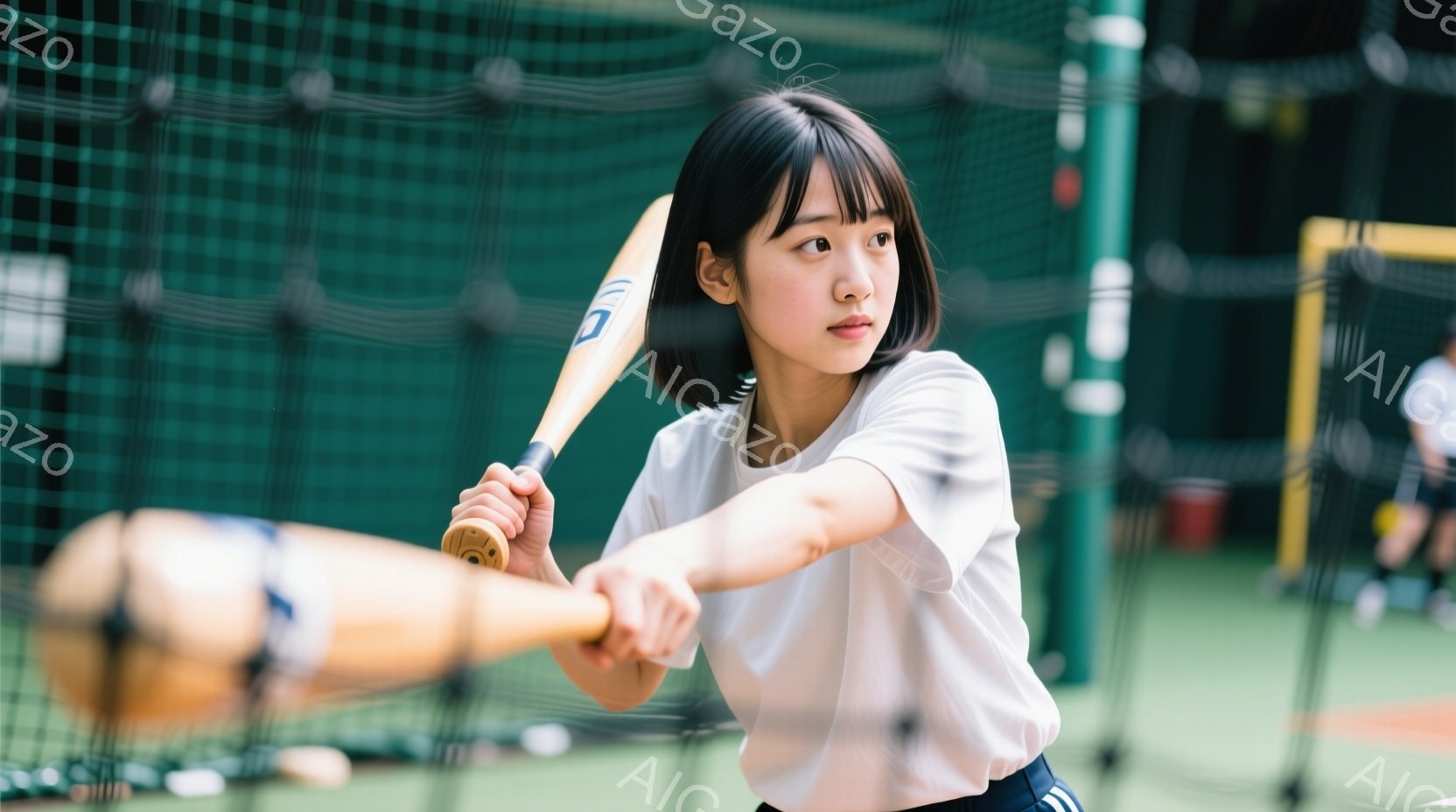 短い黒髪の女性がバッティングフォームで写っている。白いTシャツと紺色のズボンを着用し、真剣な表情でバットを構えている。背景は緑色のネットで囲まれた室内練習場であり、他の人物もぼんやりと見える。