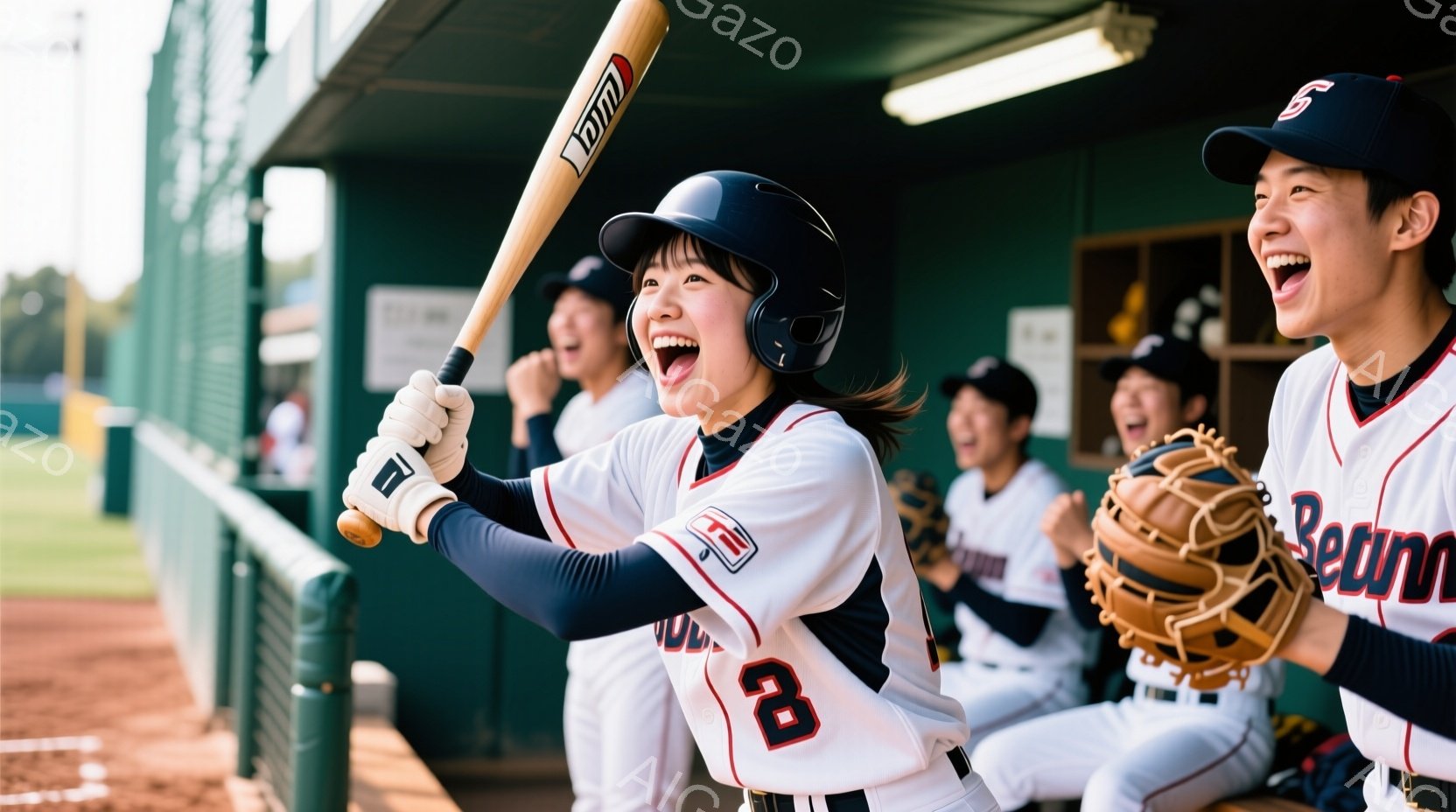 野球のベンチでバットを振りかざす女性選手が写っています。彼女は黒いヘルメットと「3」と書かれたユニフォームを着ており、満面の笑みを浮かべています。背景には、他のチームメイトが喜び、野球場と緑豊かな自然が見え、活気に満ちた勝利の瞬間を捉えています。