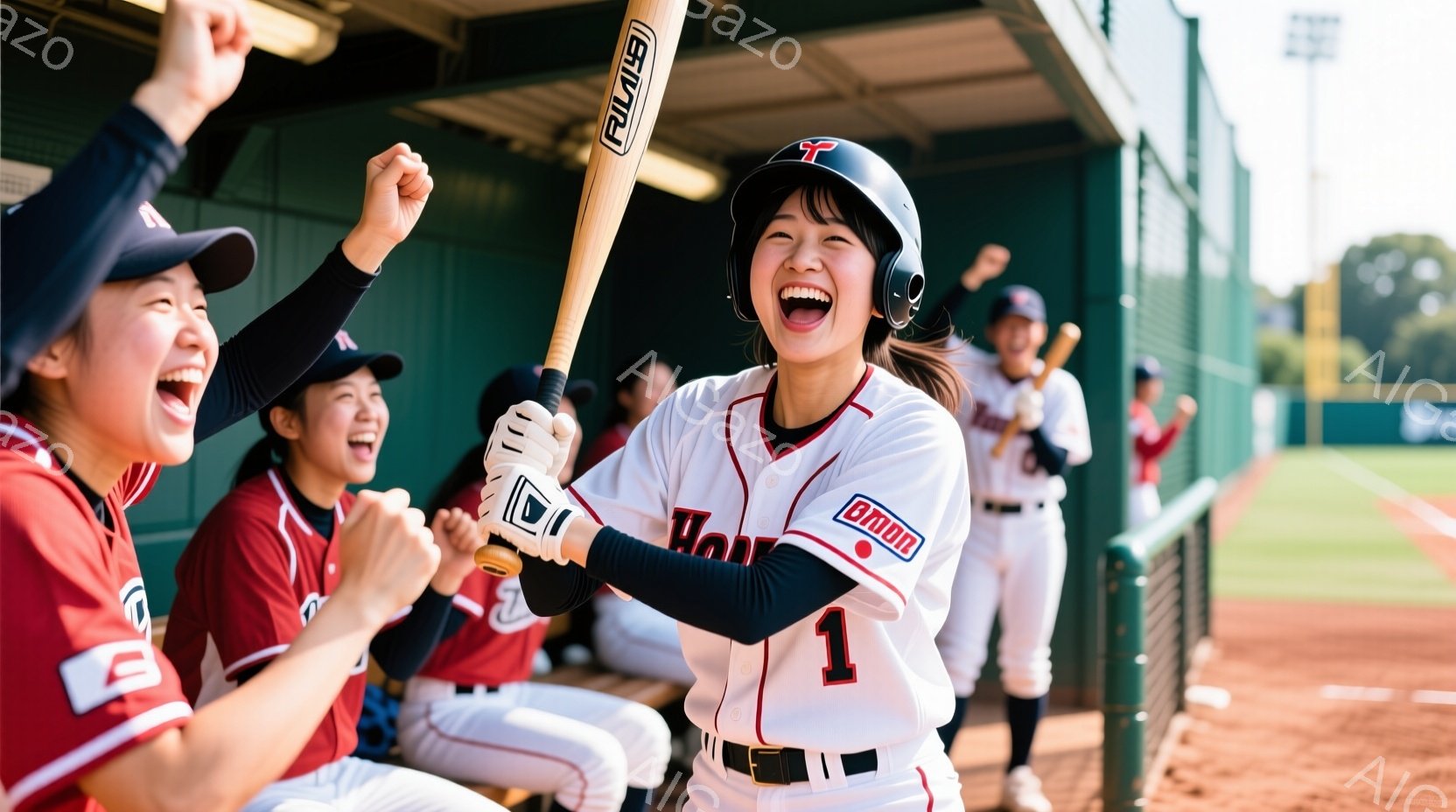 野球場で、バットを高く掲げ歓喜する女性選手が中心に写っている。彼女は白いユニフォームに「1」の番号、赤いヘルメットを着用し、満面の笑みを浮かべている。背景には、他のチームメイトが喜び、野球場の緑と空が広がっており、活気あふれる勝利の瞬間を捉えている。