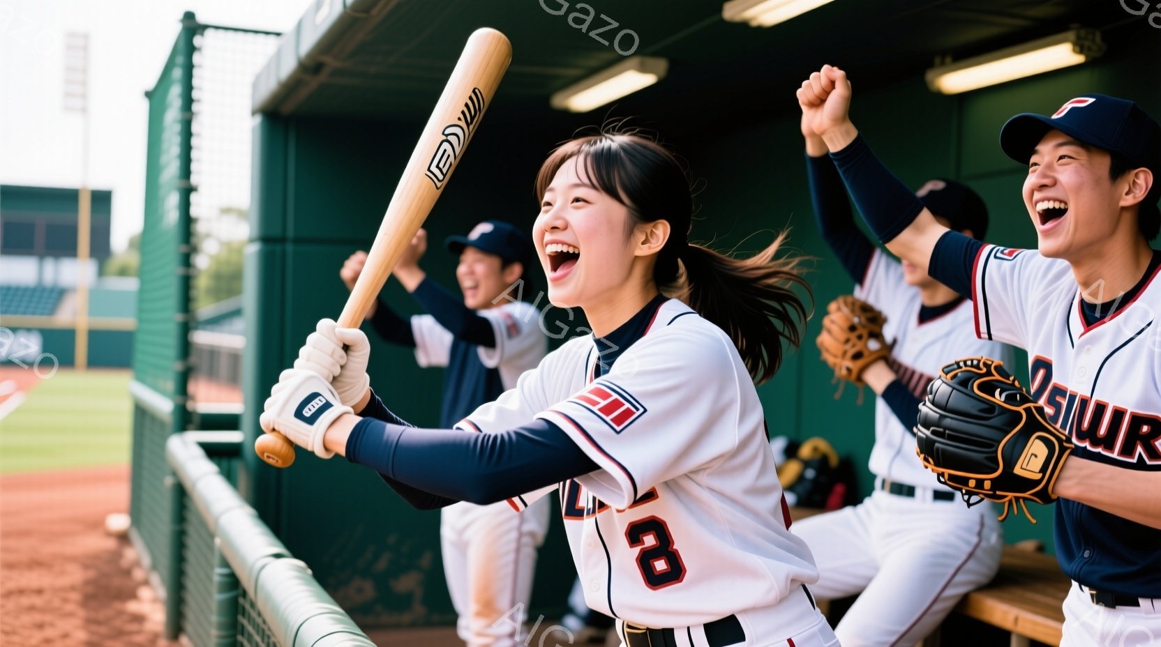選手たちが野球のベンチで喜びの表情を浮かべている写真です。女性選手は背番号3のユニフォームを着て、バットを高く掲げ、満面の笑みを浮かべています。背景には野球場と晴れた空が見え、チームの勝利を祝う活気ある雰囲気が伝わってきます。