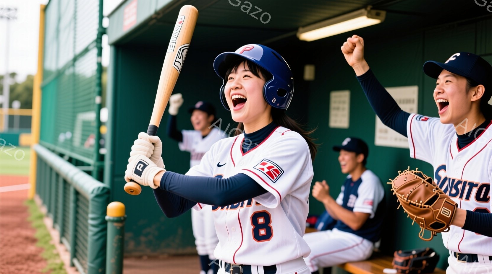 野球場のダグアウトで、女性選手たちが勝利を祝っている様子が写っている。白を基調としたユニフォームには「8」の背番号がつき、紺色のヘルメットとアームカバーを着用している。背景には緑のフェンスと建物が見え、晴天の下、活気あふれる勝利の瞬間を捉えている。