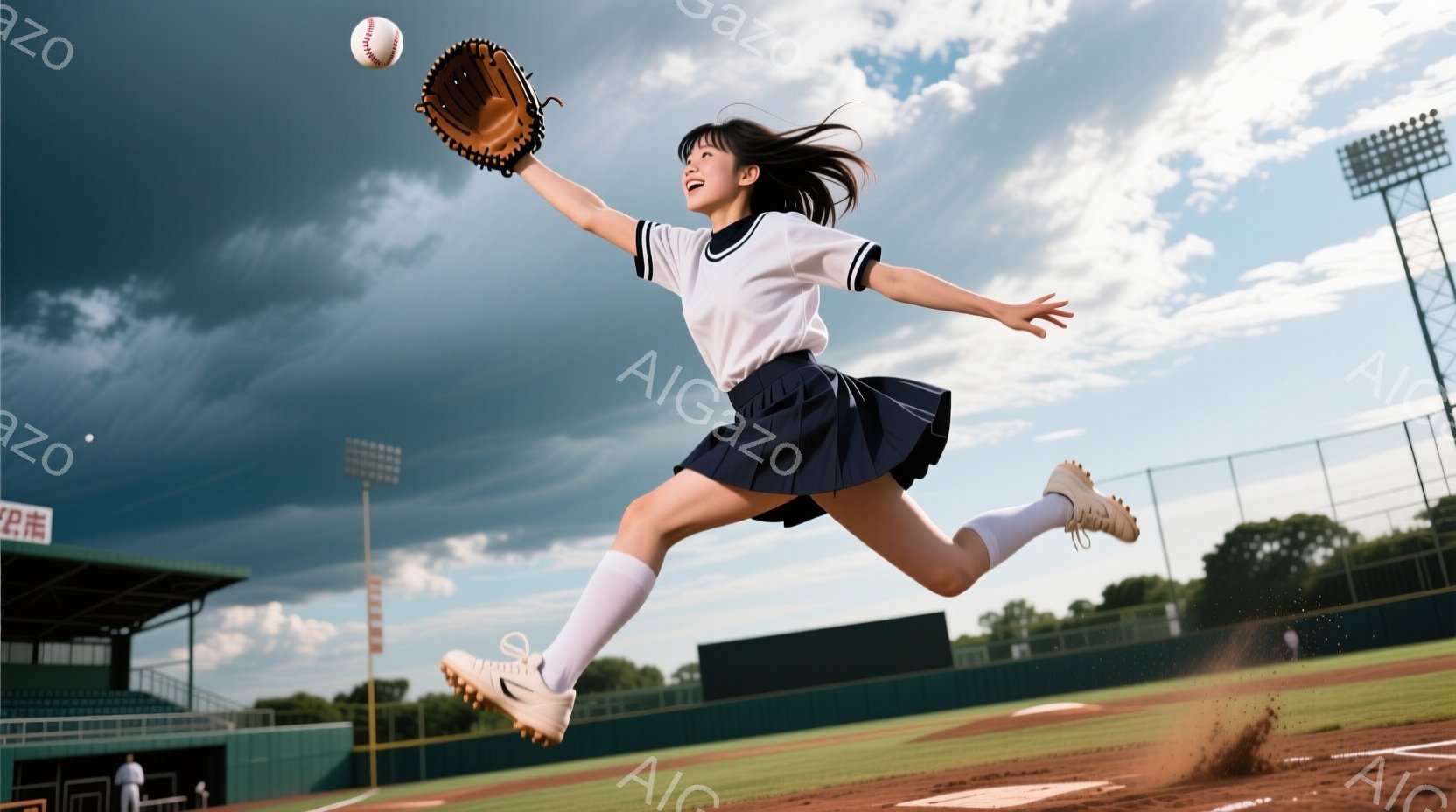 明るい青空の下、野球場でジャンプしている女子高生が写っている。白い半袖シャツと紺色のプリーツスカート、白いソックスとスニーカーを着用し、野球のグローブを高く掲げている。背景には緑の芝生、観客席、そして曇り空が広がっており、躍動感と爽やかさを感じさせる。