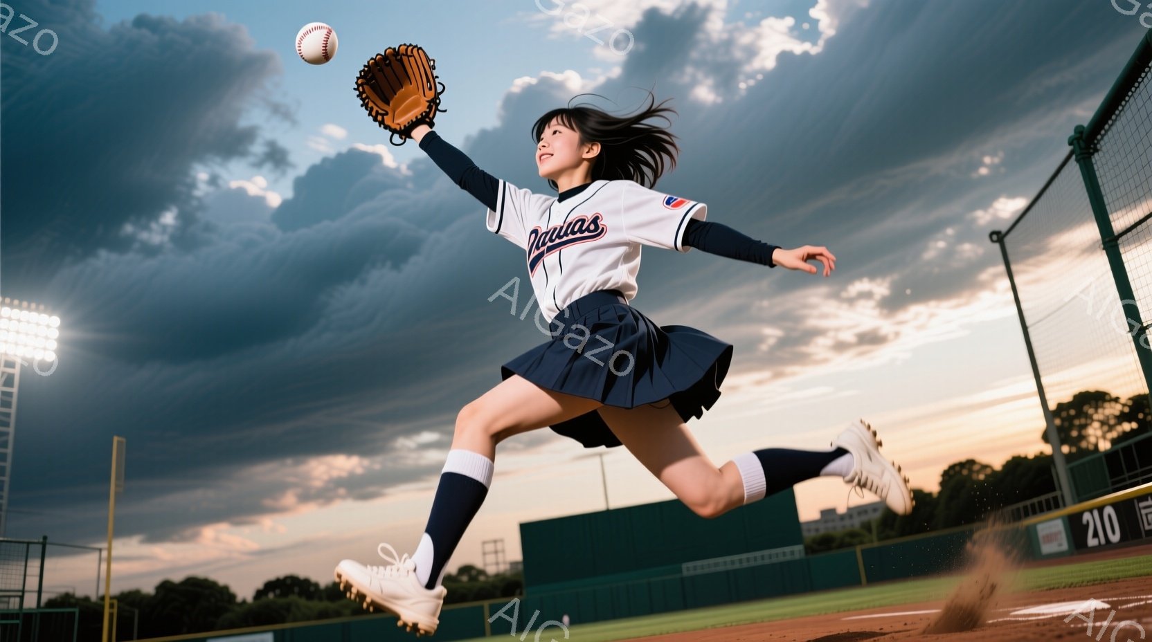 野球の試合中に投球する若い女性の躍動的な瞬間を捉えています。彼女は紺色のスカートと白の野球ユニフォーム、そして白いハイソックスとスパイクを着用し、長い黒髪が動きに合わせてなびいています。背景には野球場、観客席、そして夕暮れ時のドラマチックな雲空が広がり、活気とエネルギーに満ちた雰囲気を醸し出しています。