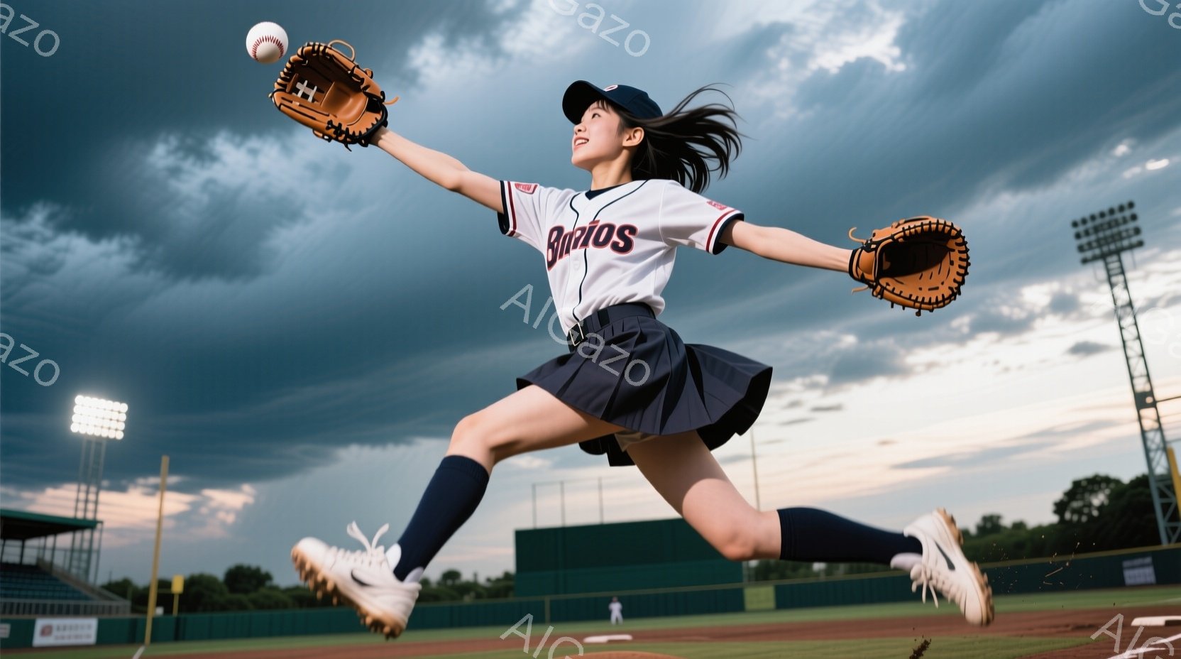野球場で投球フォームをとる女性の躍動的な瞬間を捉えたものです。彼女は紺色のユニフォーム、白いシャツ、白いスニーカーを着用し、髪は後ろでポニーテールに結ばれています。背景には緑の芝生、観客席、そして曇り空が広がり、活気とダイナミズムを感じさせます。