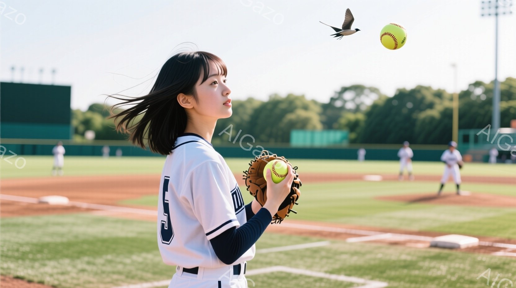 ソフトボール選手と思われる女性が、緑色の芝生の上に立っています。彼女は白を基調としたユニフォームを着用し、黒い髪を後ろで一つにまとめています。空にはソフトボールが飛んでおり、女性はボールを受ける準備をしているように、グローブを高く上げています。