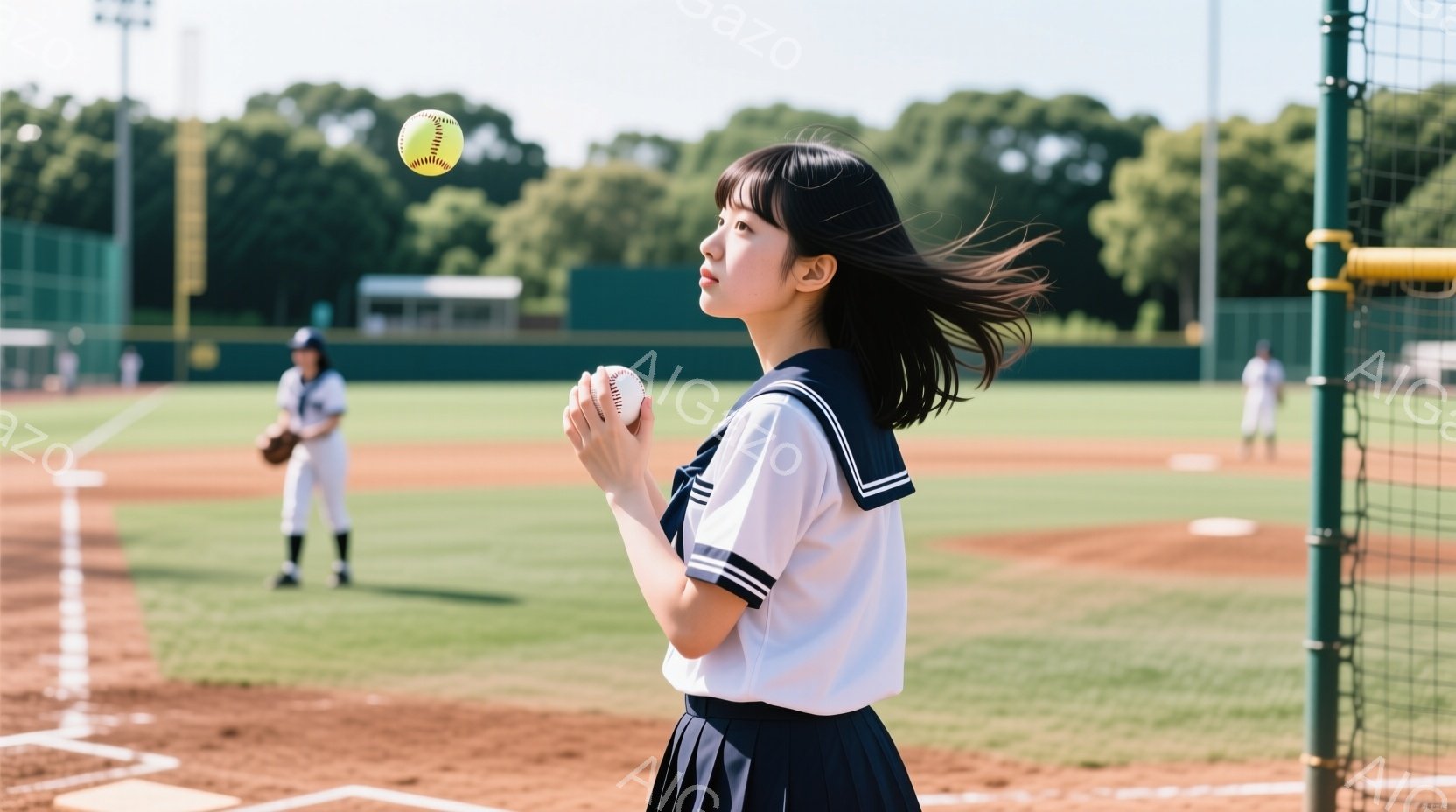 野球の試合が行われている球場の一場面です。制服を着た女子高生が、野球のボールをキャッチしようと、少し上を見上げています。背景には緑豊かな芝生、ネット、そして遠くには他の選手や建物が見え、晴天の日の活気ある雰囲気が伝わってきます。