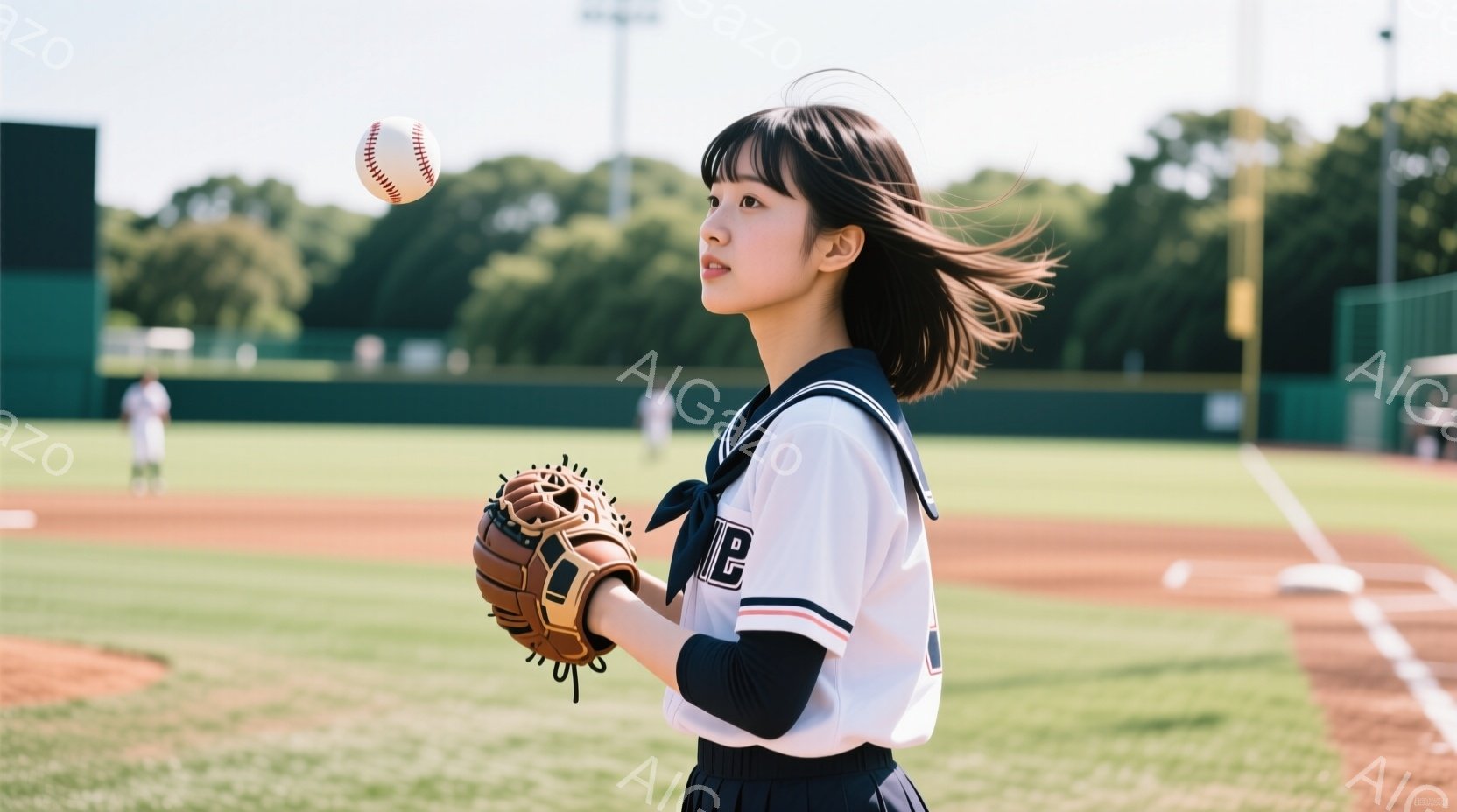 短い黒髪を風になびかせ、白い野球ユニフォームを着た女性が描かれている。彼女は右手に野球グローブを持ち、空を見上げている。背景には緑色の野球場と観客席、そして晴れた空が広がっており、活気のある春または夏の日の雰囲気が感じられる。