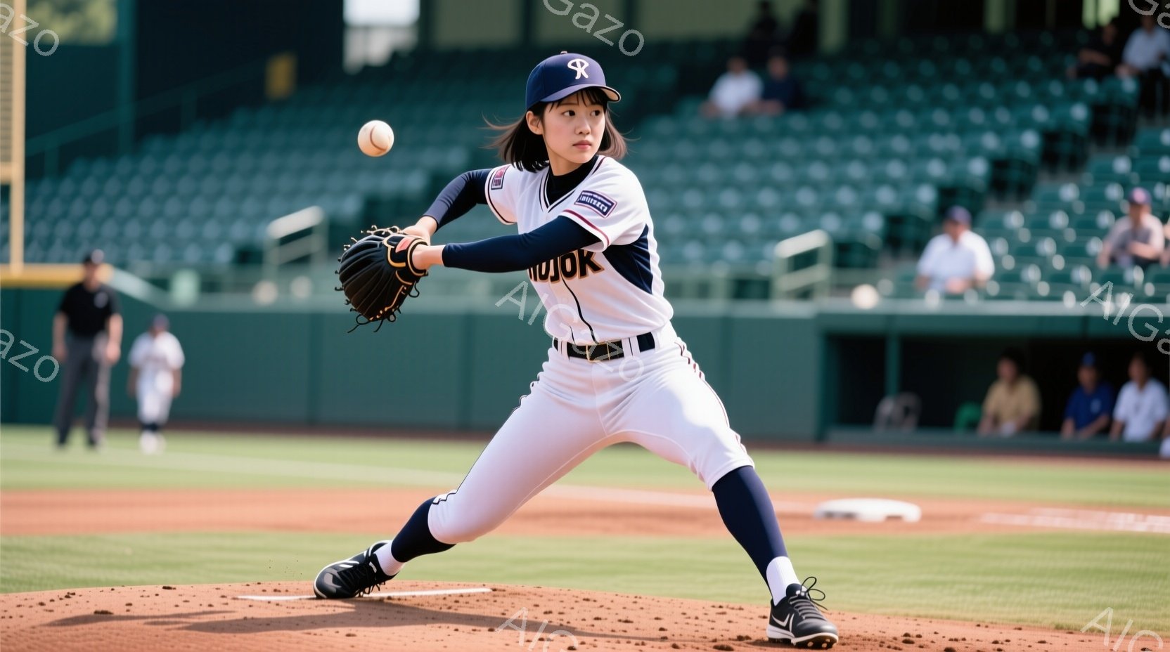 野球場で投球フォームをとる女性が写っています。白のユニフォームに黒のパンツを着用し、髪は後ろでポニーテールにまとめています。背景には緑の芝生と観客席、そして少し霞んだ建物が見え、晴天の下での試合の様子がうかがえます。