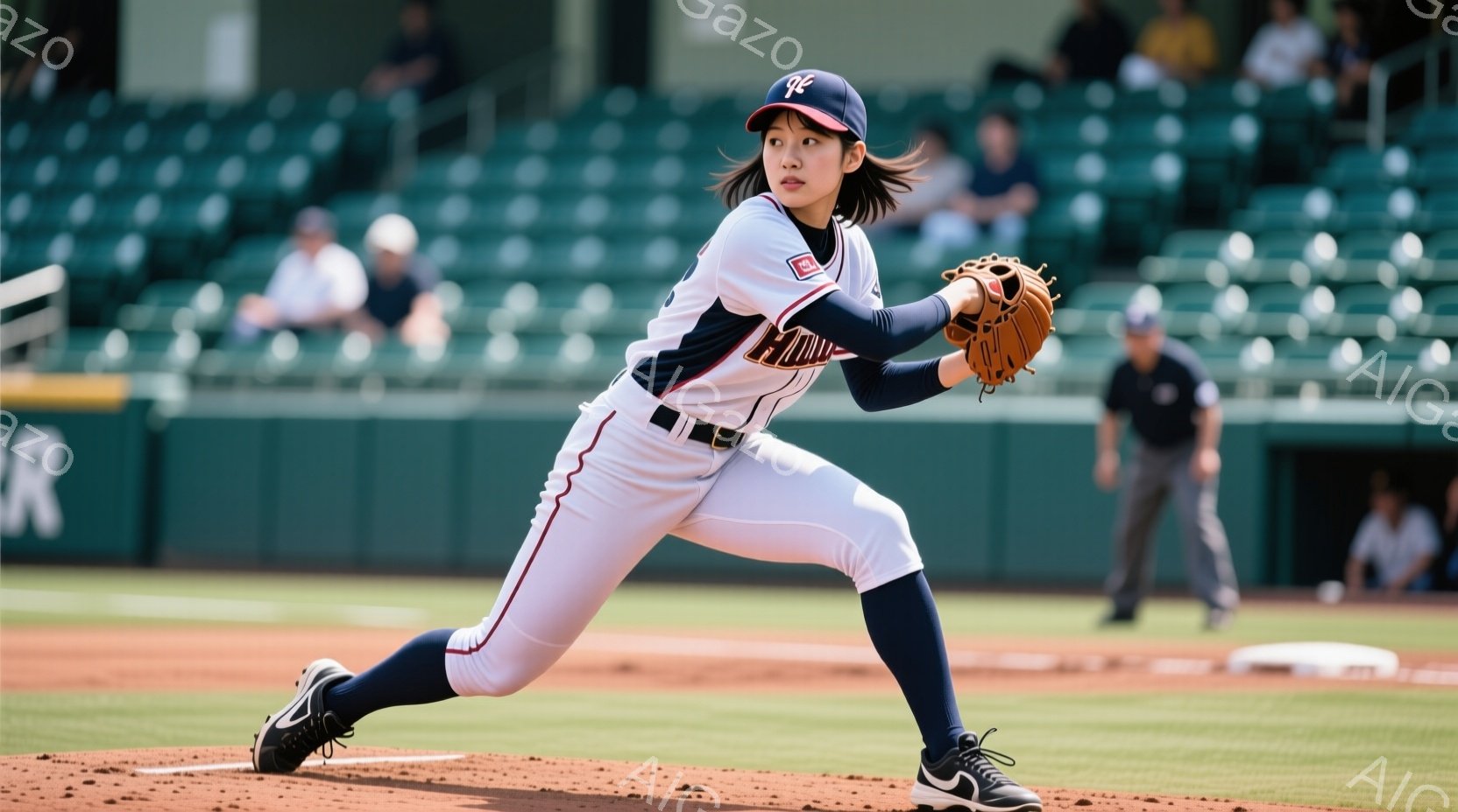 野球場でプレーする女性選手が写っている。彼女は紺と白のユニフォーム、キャップを着用し、グローブを構えてボールを待ち構えている。背景には緑色の観客席と、ぼやけた人物、土のグラウンドが広がっており、晴天で活気のある試合の雰囲気が漂う。