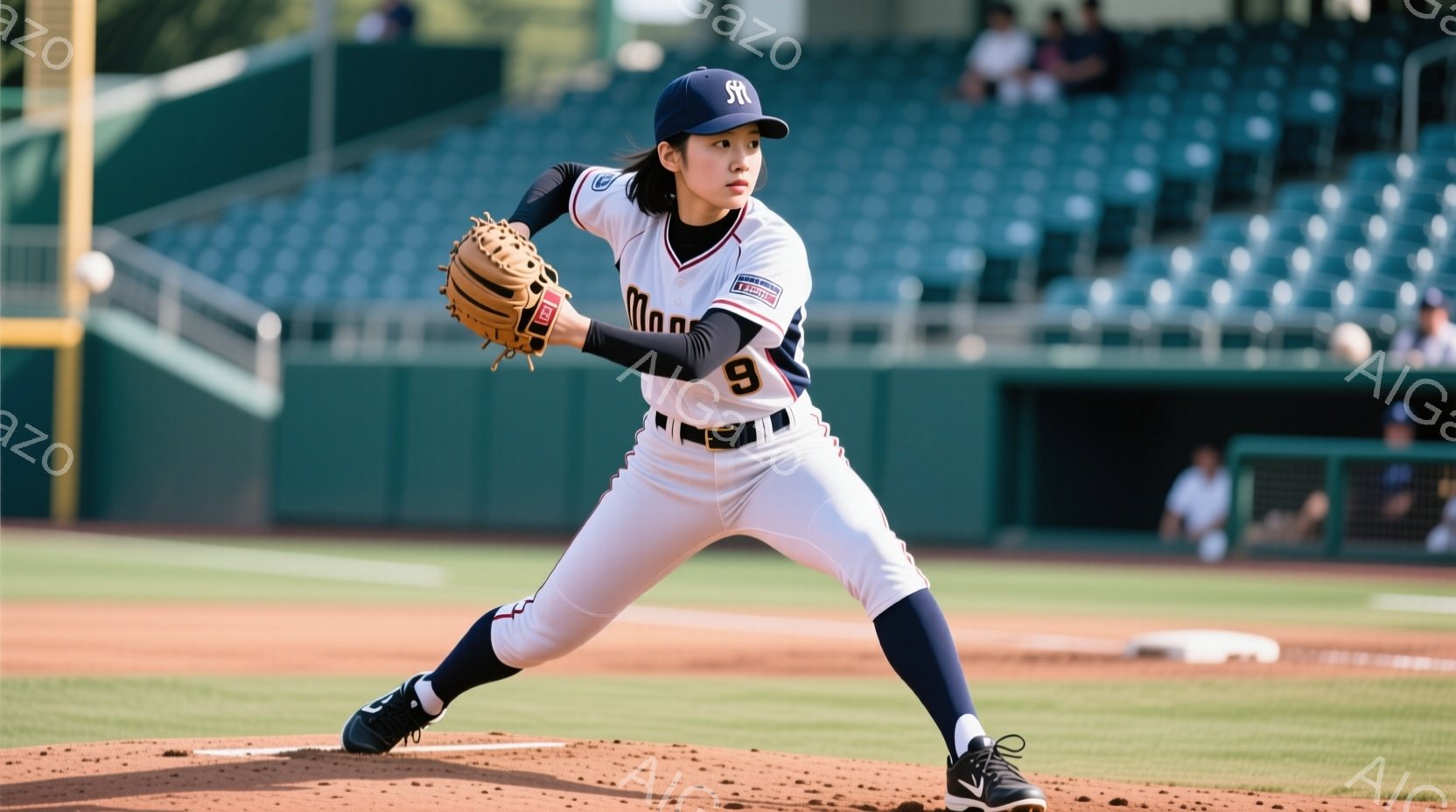野球場でピッチングの準備をしている女性の姿が写っています。彼女は白いユニフォームと黒いパンツを着用し、帽子をかぶっています。背景には緑の芝生と観客席が見え、晴れた日の屋外での試合の様子がうかがえます。