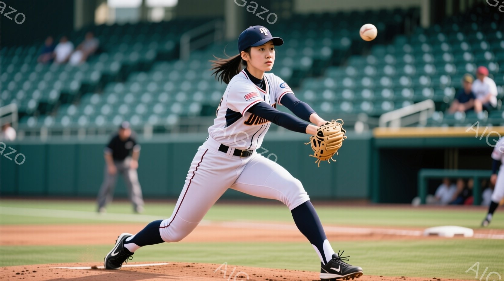 野球選手が投球動作中です。彼女はオレンジとネイビーのユニフォームを着用し、野球帽をかぶっています。背景には緑色の観客席と土のグラウンドが広がり、晴天の下、活気のある試合が行われている様子が伺えます。