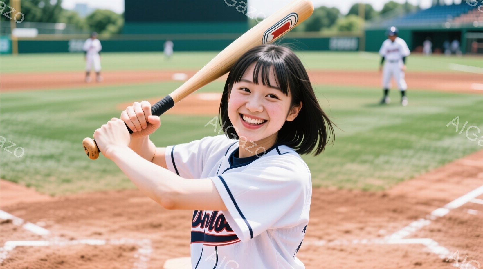 野球場でバットを振る若い女性が写っています。彼女は白いユニフォームにネイビーの装飾が施されており、前髪を短くした黒髪が特徴的です。背景には野球場全体が広がり、晴天の下で他の選手たちも練習している様子が見えます。