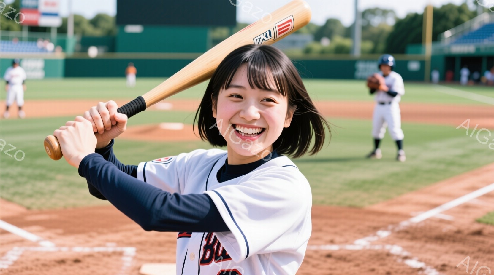 野球場でバットを持った若い女性が写っています。彼女は紺色の長袖シャツと白い野球ユニフォームを着ており、明るい笑顔を浮かべています。背景には緑豊かな芝生と、他の野球選手がぼんやりと見えます。