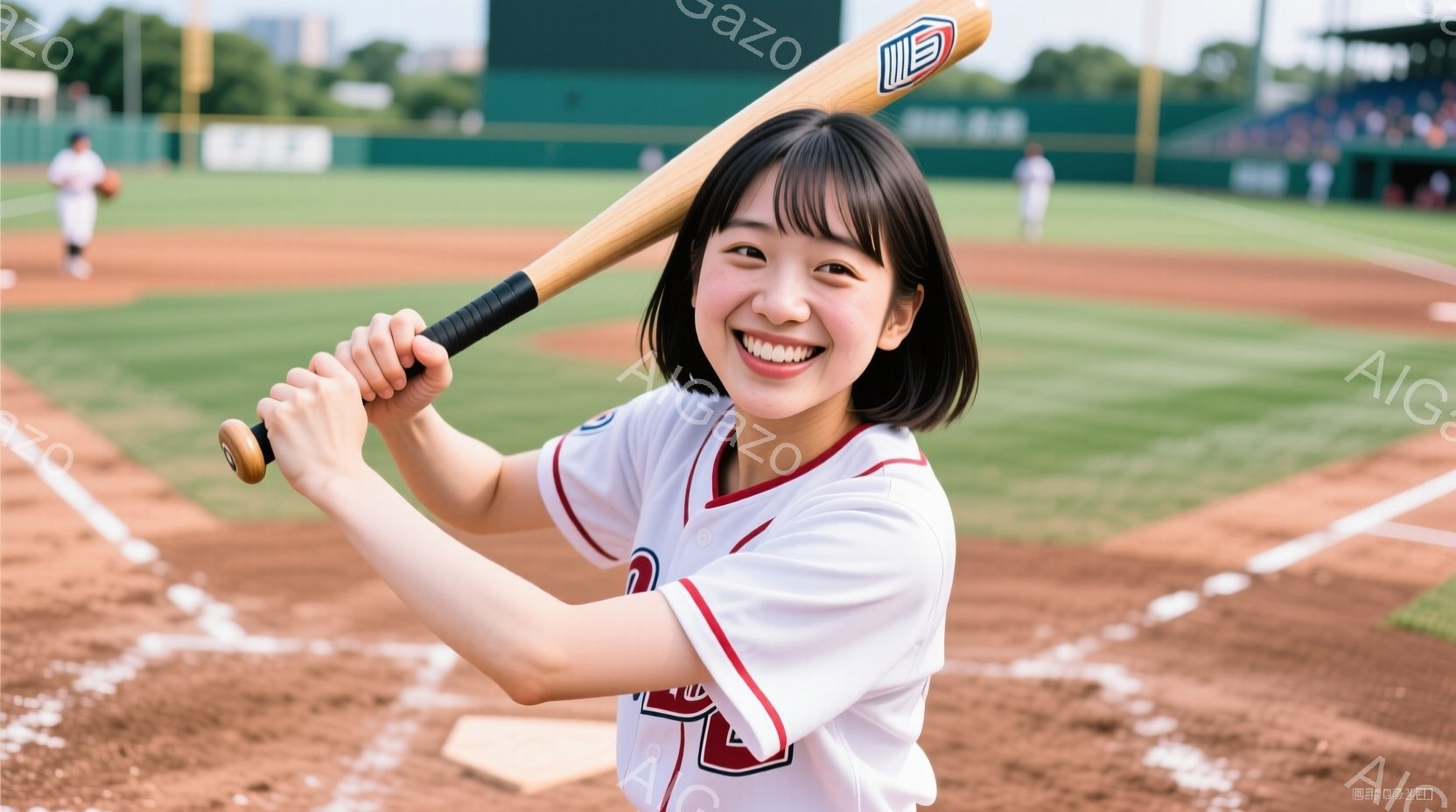 若い女性が野球のバットを持って、スイングする準備をしている姿が写っています。彼女は白い野球ユニフォームに赤い縁取りがあり、黒髪のショートボブスタイルで、満面の笑顔を浮かべています。背景には野球場、観客席、そして青空と緑の木々が見え、明るく活気のある雰囲気が漂っています。