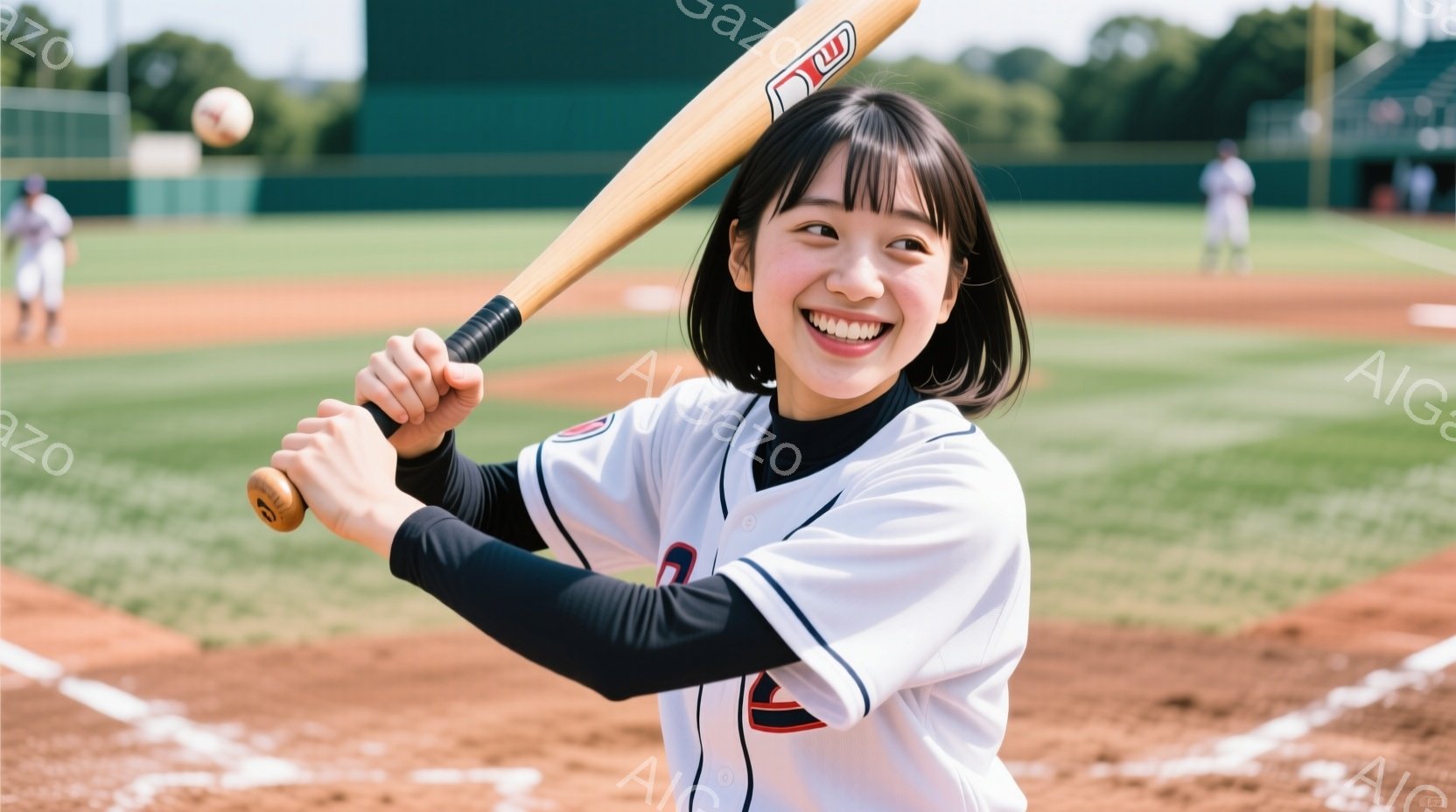 白い野球ユニフォームを着た若い女性が、野球のバットを構え、満面の笑みを浮かべている。彼女は黒い長袖シャツをユニフォームの下に着ており、髪は短くカットされ、前髪が少し流れている。背景には野球場があり、緑の芝生と遠くに見える建物があり、晴れた日差しが全体を照らしている。