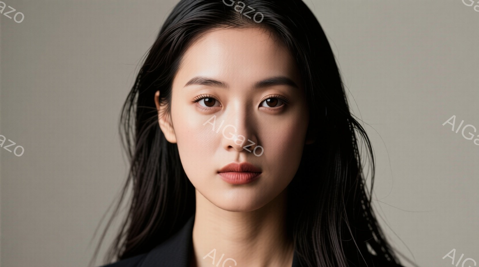 長い黒髪をセンターパートにした女性のポートレートです。赤いリップと控えめな微笑みを浮かべ、黒いジャケットを着用しています。背景は淡いグレーで、人物に焦点が当たっています。 - AI生成フリー素材