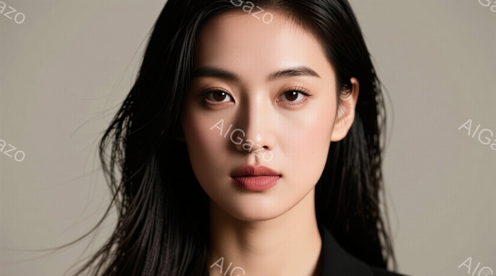 長い黒髪を無造作に垂らしたアジア系の女性のポートレートです。彼女は肩から胸元にかけて黒い服を着ており、穏やかな表情で正面を見ています。背景は淡いベージュ色で、女性が際立つようにシンプルにまとめられています。